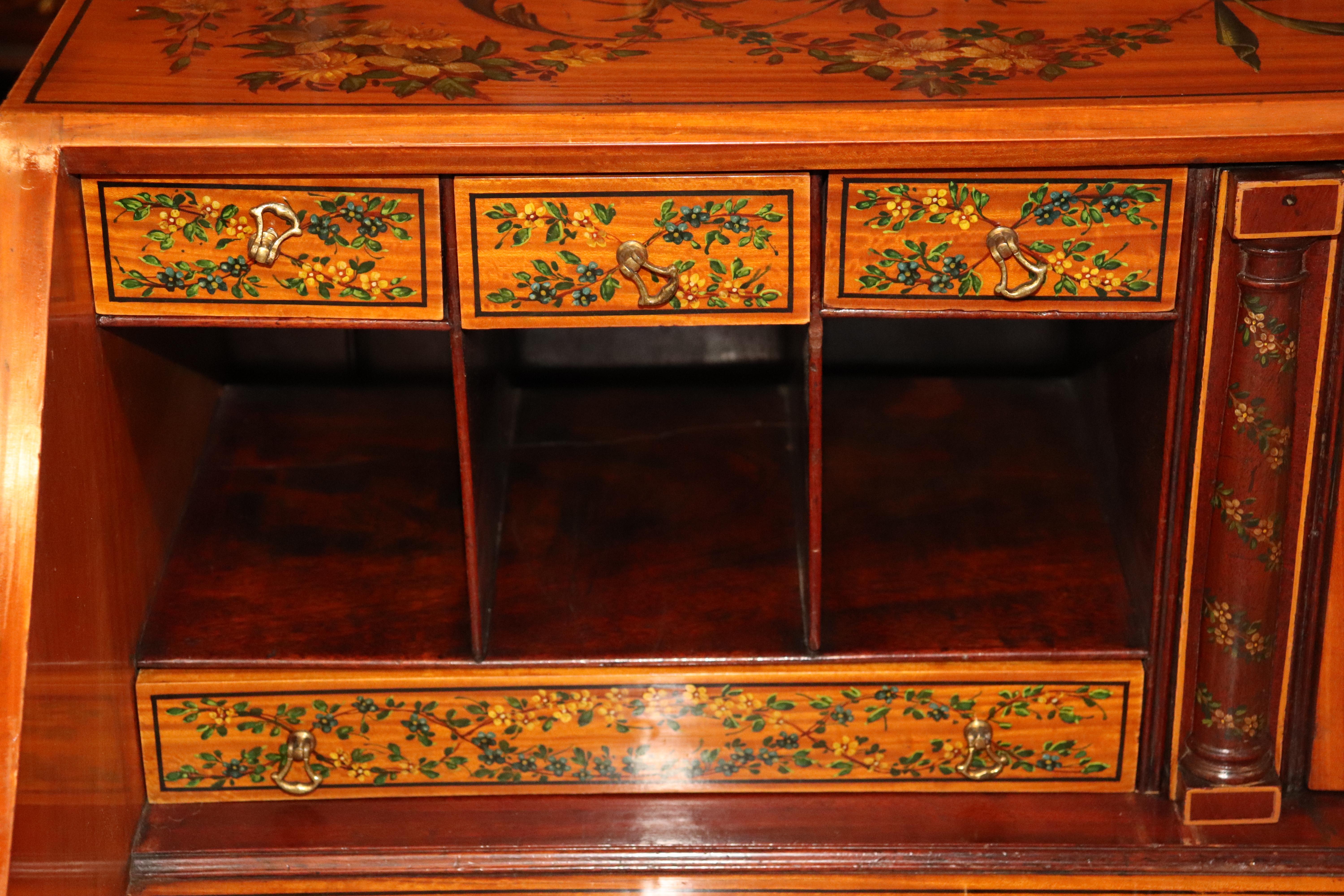 Fine Adams Paint Decorated Slantlid Secretary Desk in Satinwood, Circa 1900 4