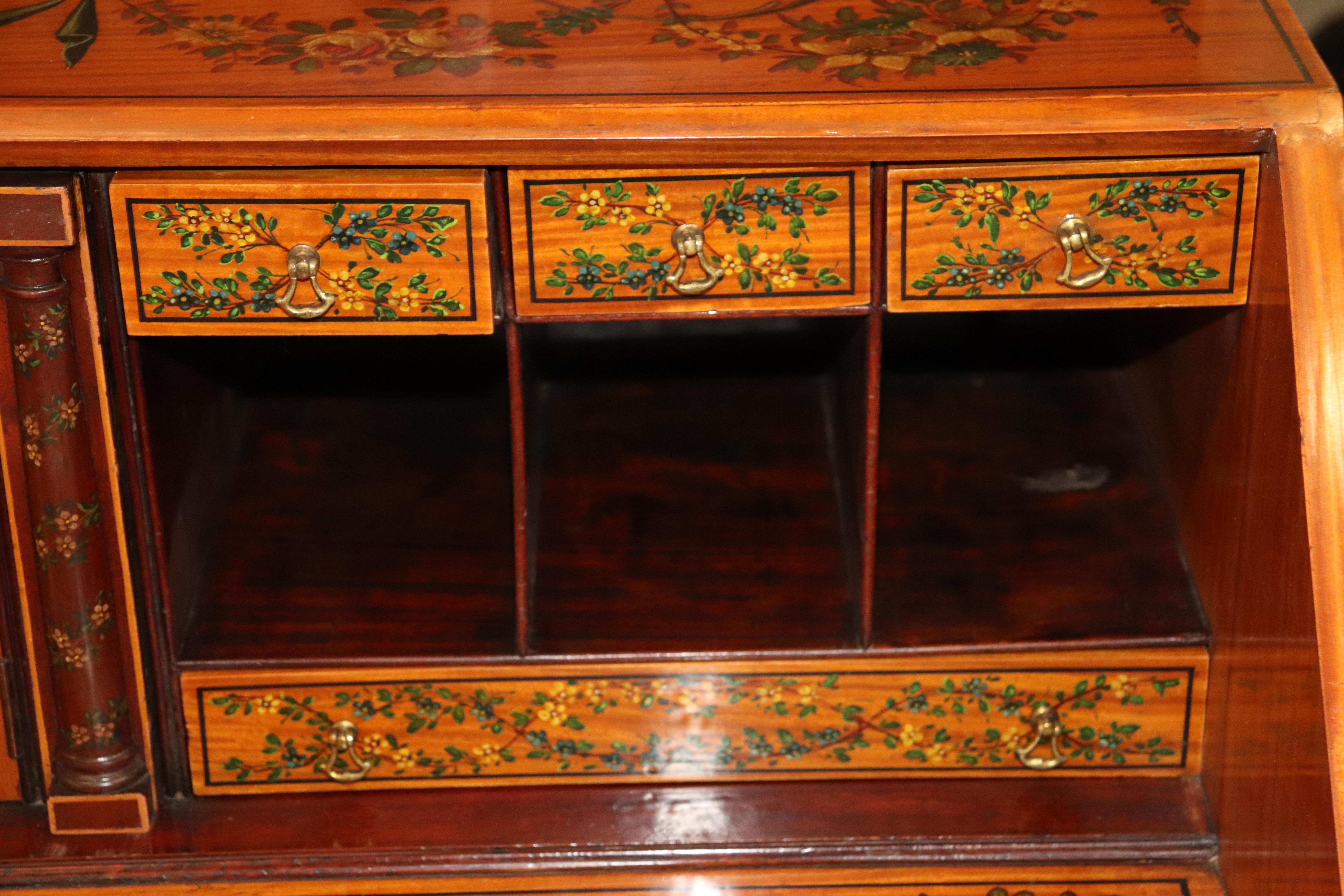 Fine Adams Paint Decorated Slantlid Secretary Desk in Satinwood, Circa 1900 5