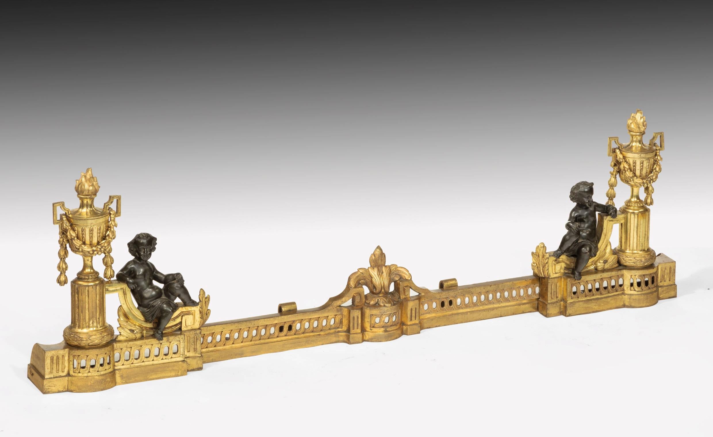 French Fine Adjustable Fireplace Fender, Gilt Chenets and Bronze Putti’s, 19th Century