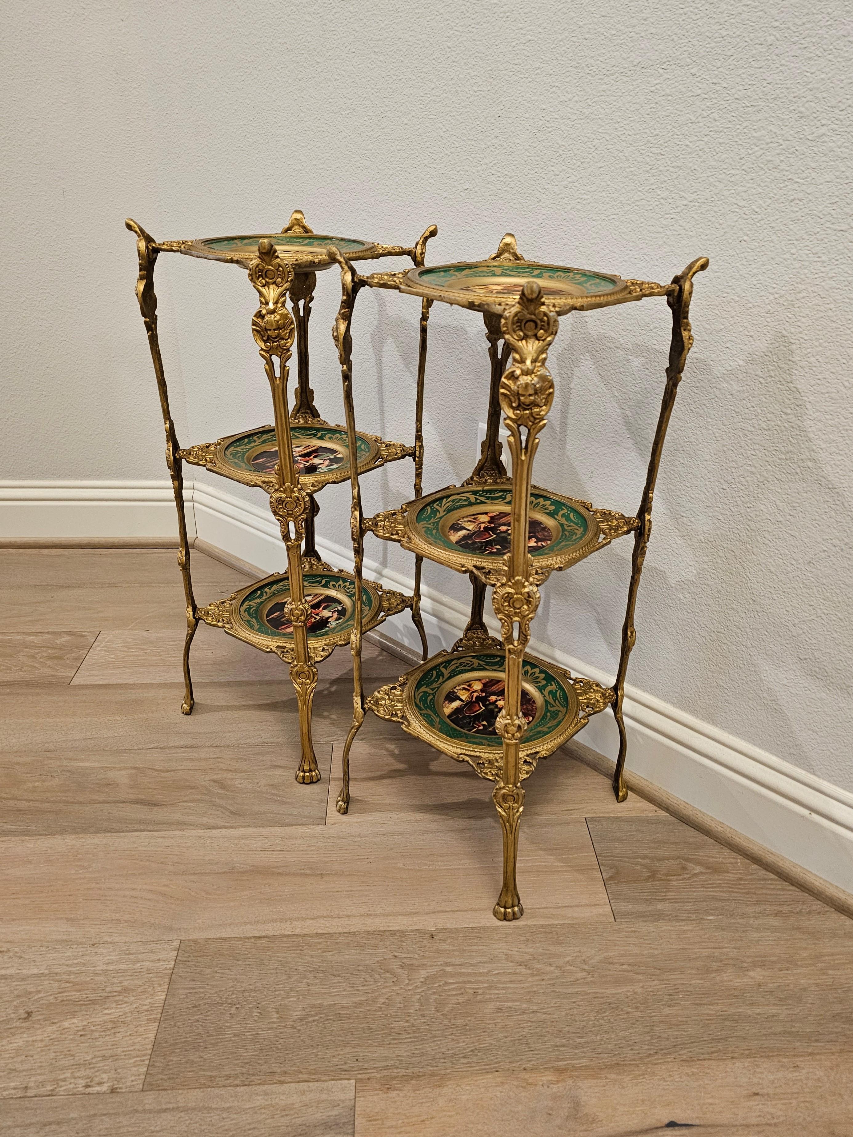 Bronze Fine Aesthetic Movement Ormolu Porcelain Tiered Étagères, End Tables For Sale