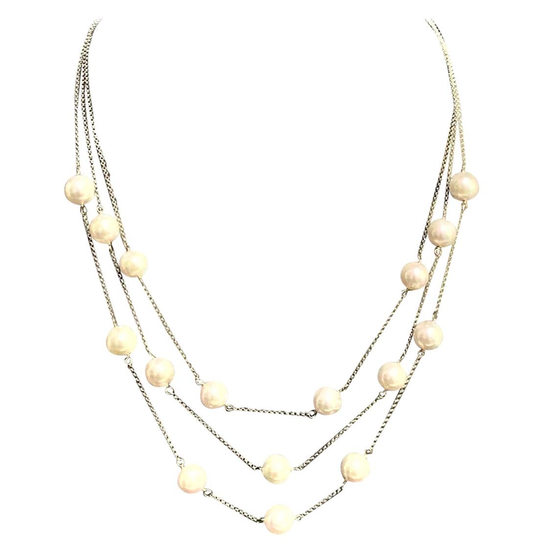 Fine Akoya Pearl 14 Karat Triple-Strand Necklace Certified For Sale