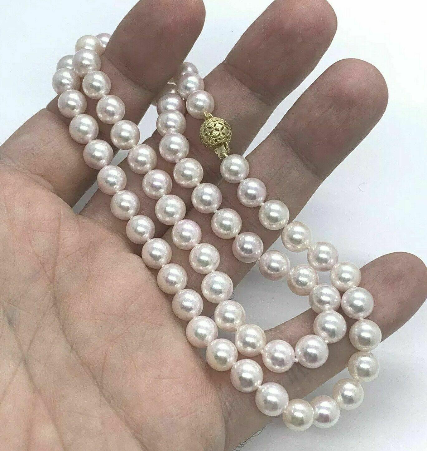 Round Cut Akoya Pearl Necklace 7.5 mm 14k Gold 20