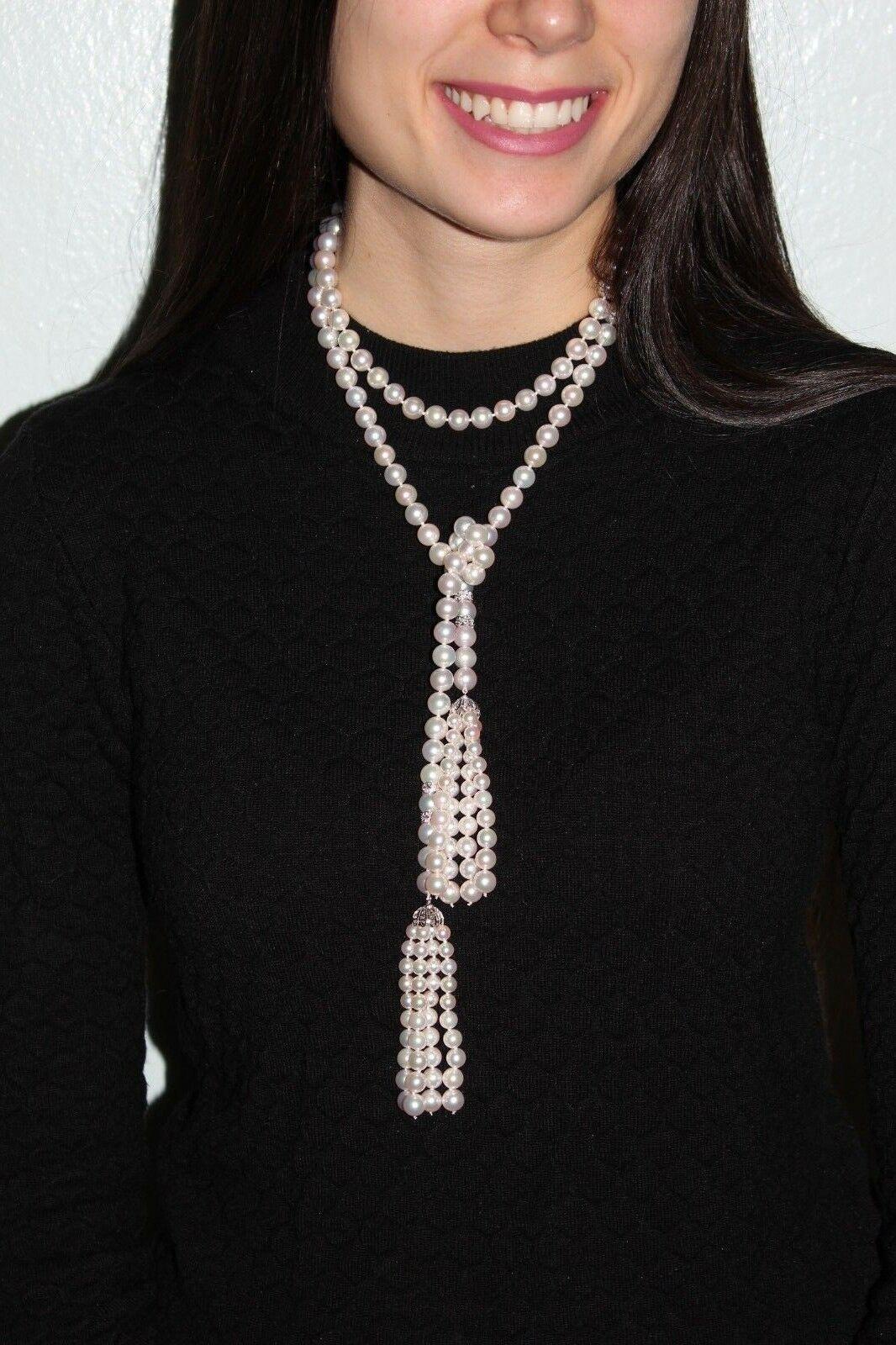 Akoya Pearl Diamond Tassel Necklace 14k Gold 8.5 mm 41