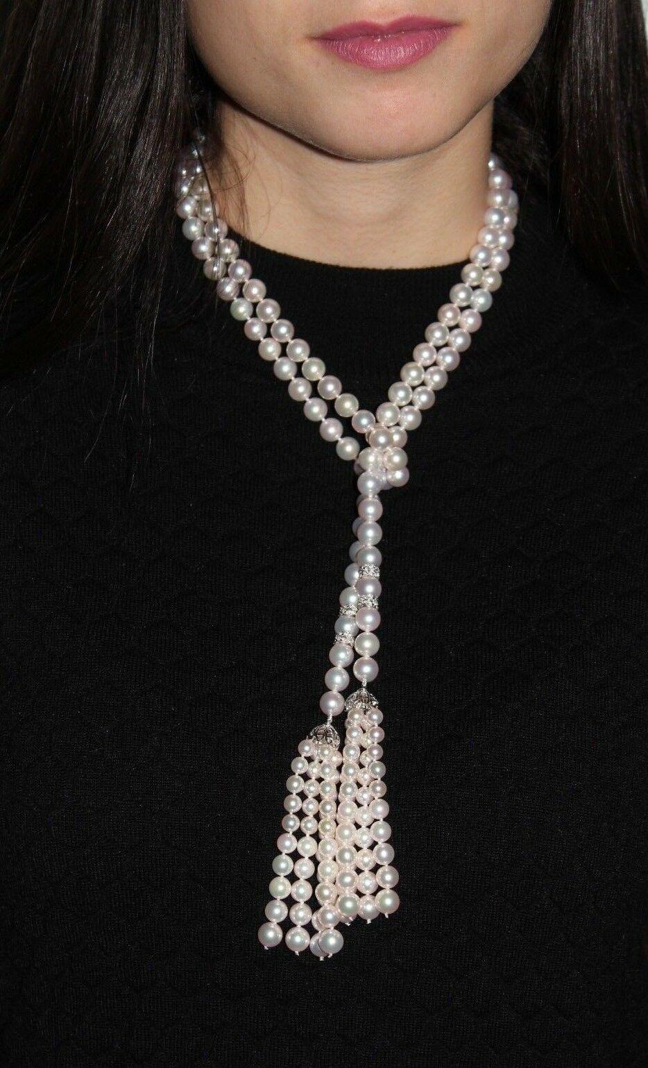 Modern Akoya Pearl Diamond Tassel Necklace 14k Gold 8.5 mm 41