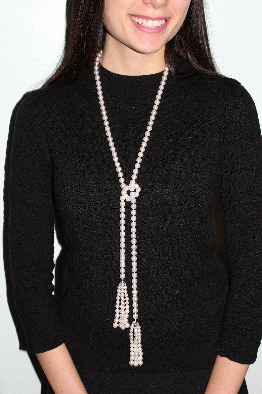 Women's Akoya Pearl Diamond Tassel Necklace 14k Gold 8.5 mm 41