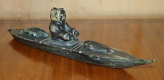 FiNE ALEX PATSAUQ 1917 SIGNED SERIAL NUMBER INUIT ESKIMO SOAPSTONE KAYAK CARVING