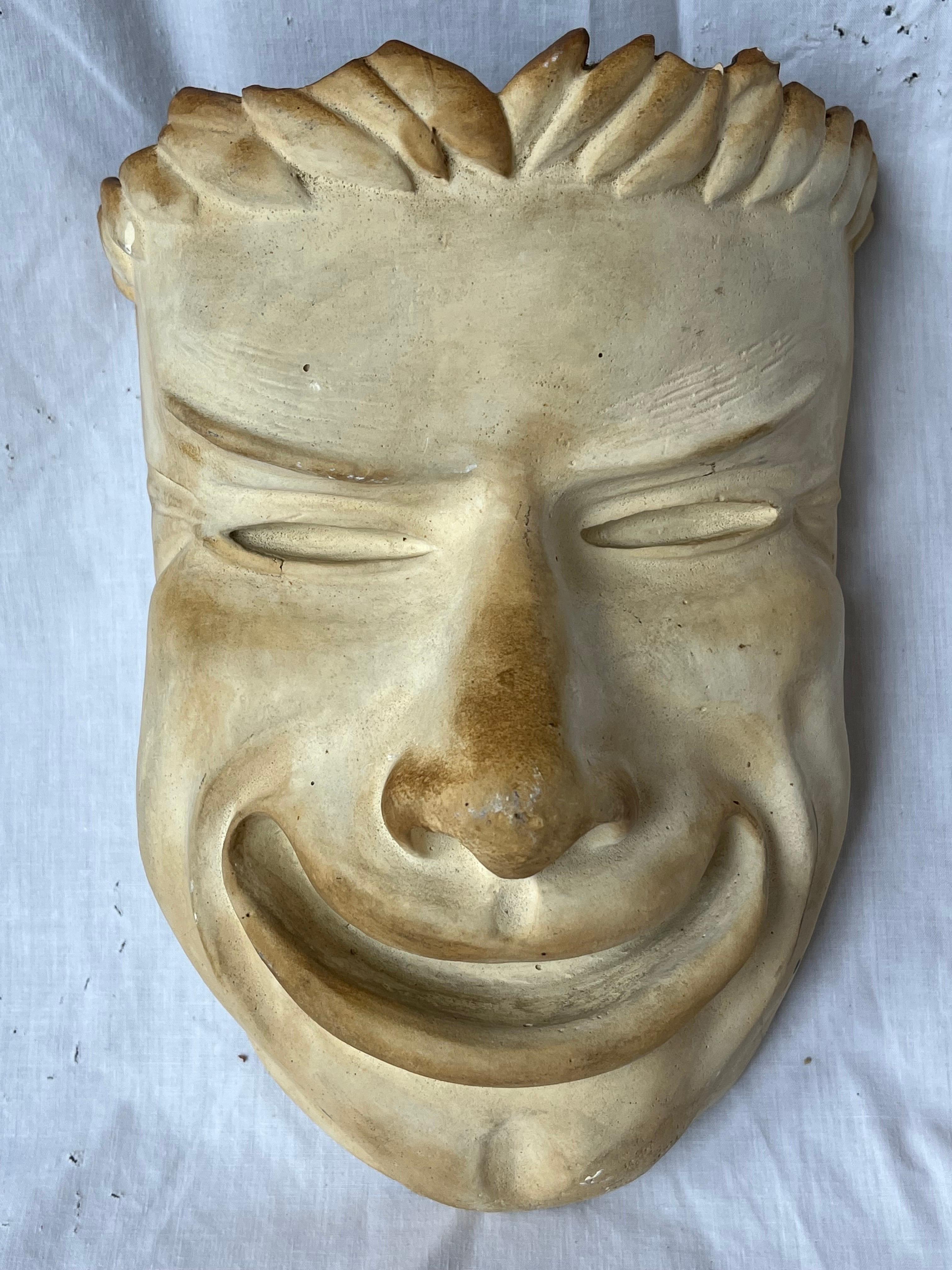 Fine Almost Life Size 1940's Plaster Comedy and Tragedy Theater Masks Sculptures In Fair Condition For Sale In Atlanta, GA