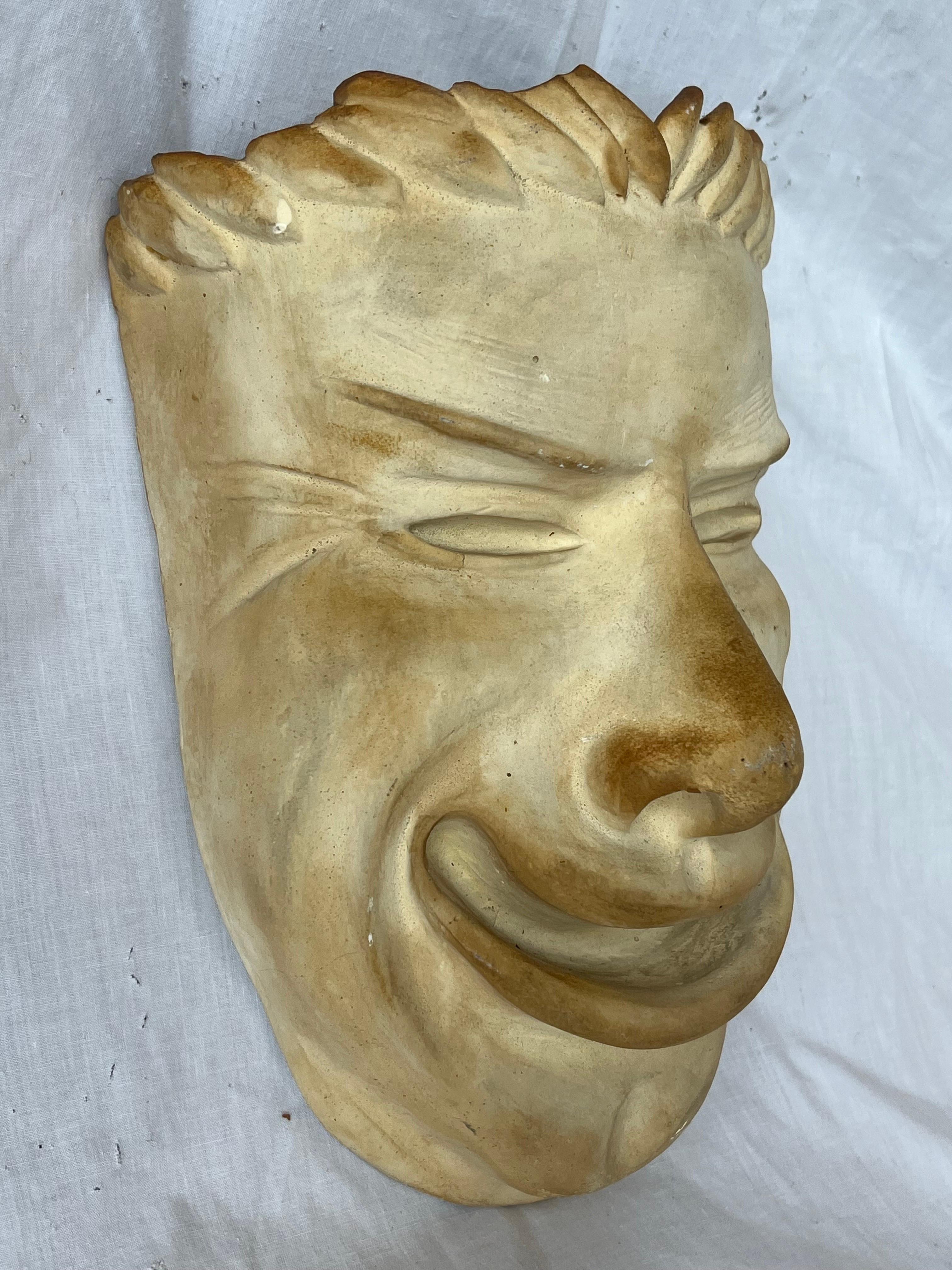 20th Century Fine Almost Life Size 1940's Plaster Comedy and Tragedy Theater Masks Sculptures For Sale
