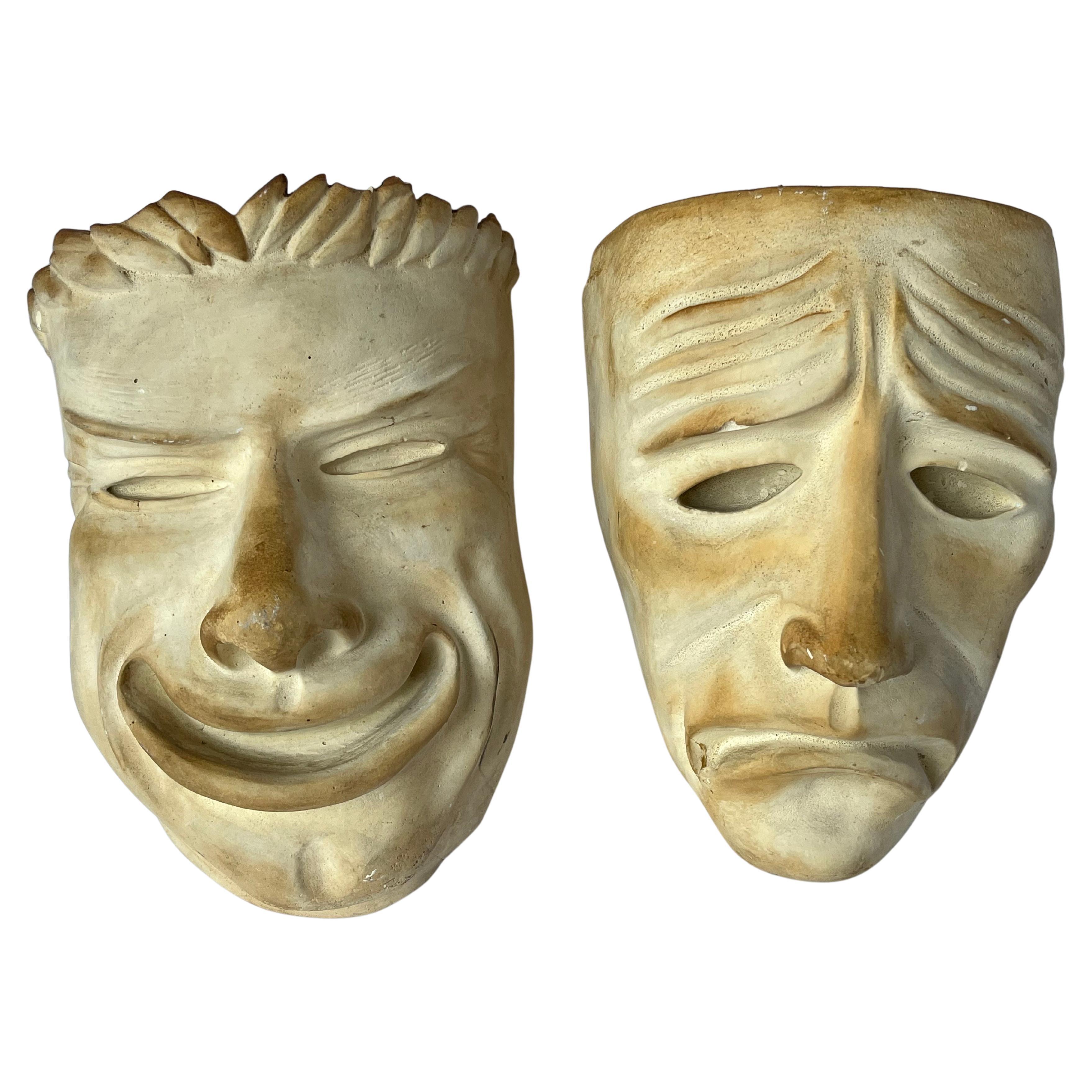 Fine Almost Life Size 1940's Plaster Comedy and Tragedy Theater Masks Sculptures