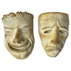 Vintage Fine Almost Life Size 1940's Plaster Comedy and Tragedy Theater Masks Sculptures