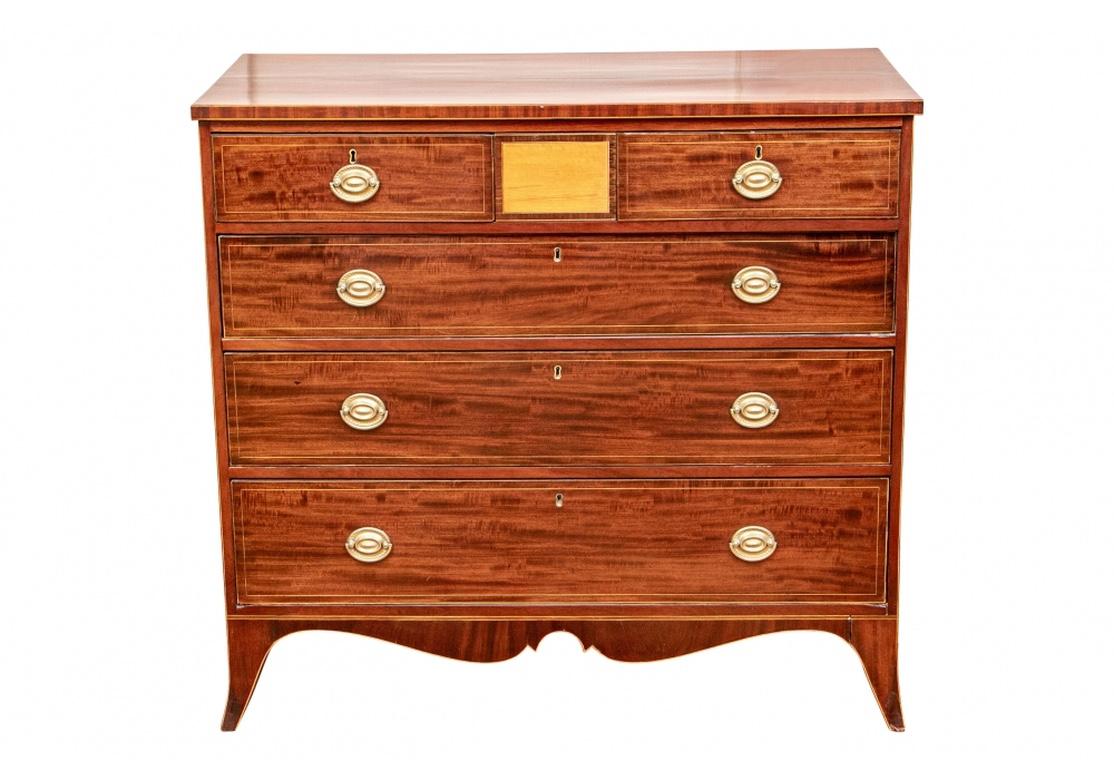 A fine period Federal two over three chest with very fine form and handsome grain, attributed to Michael Allison, New York c.1815. Prov.: Sotheby's NY 10/25/92 sale 6350 Lot 441. With rectangular overhanging top and burled drawers. Two top short