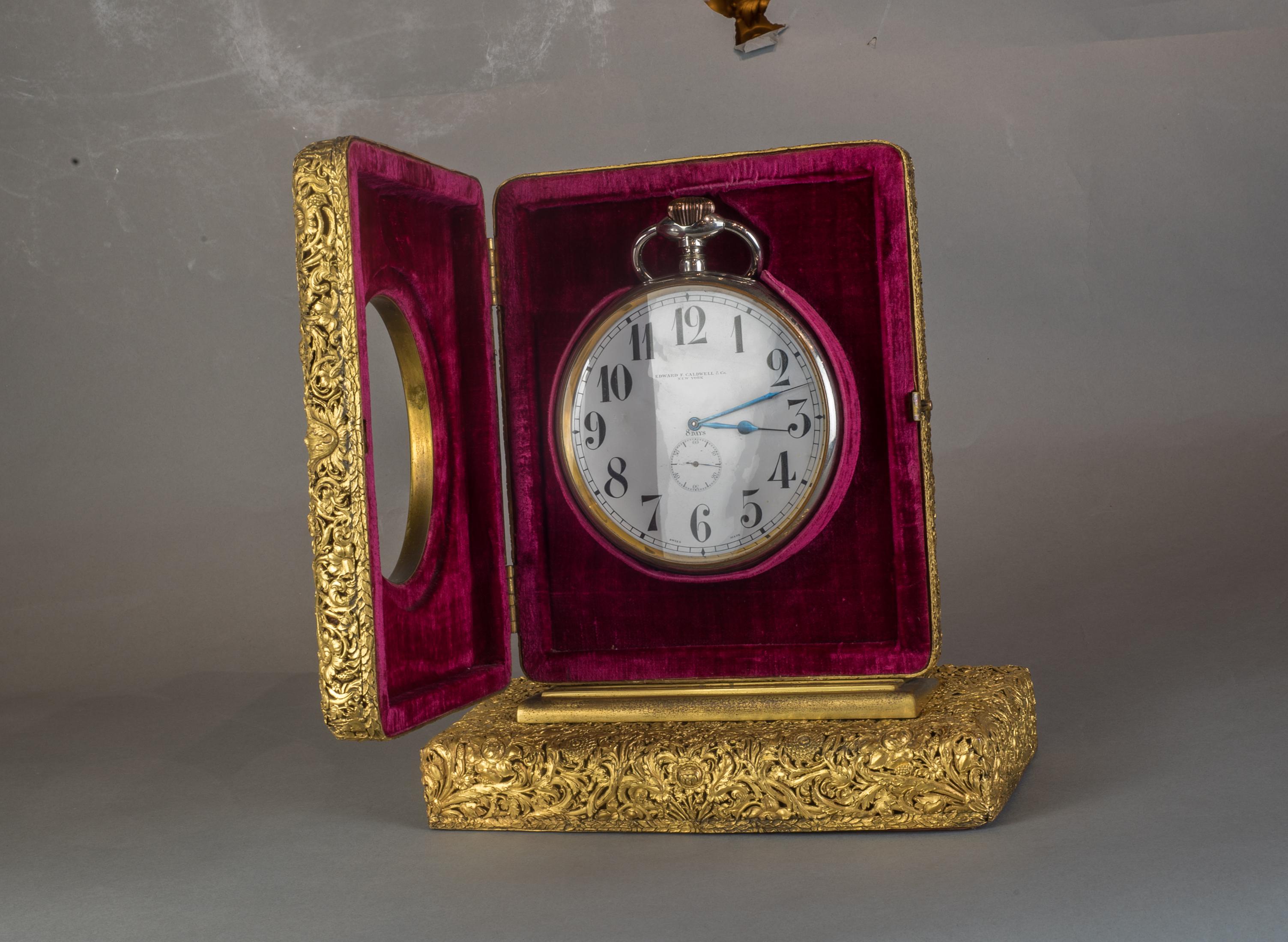 Glass Fine American Gilt Bronze Standing Clock by Edward F. Caldwell & Co. For Sale