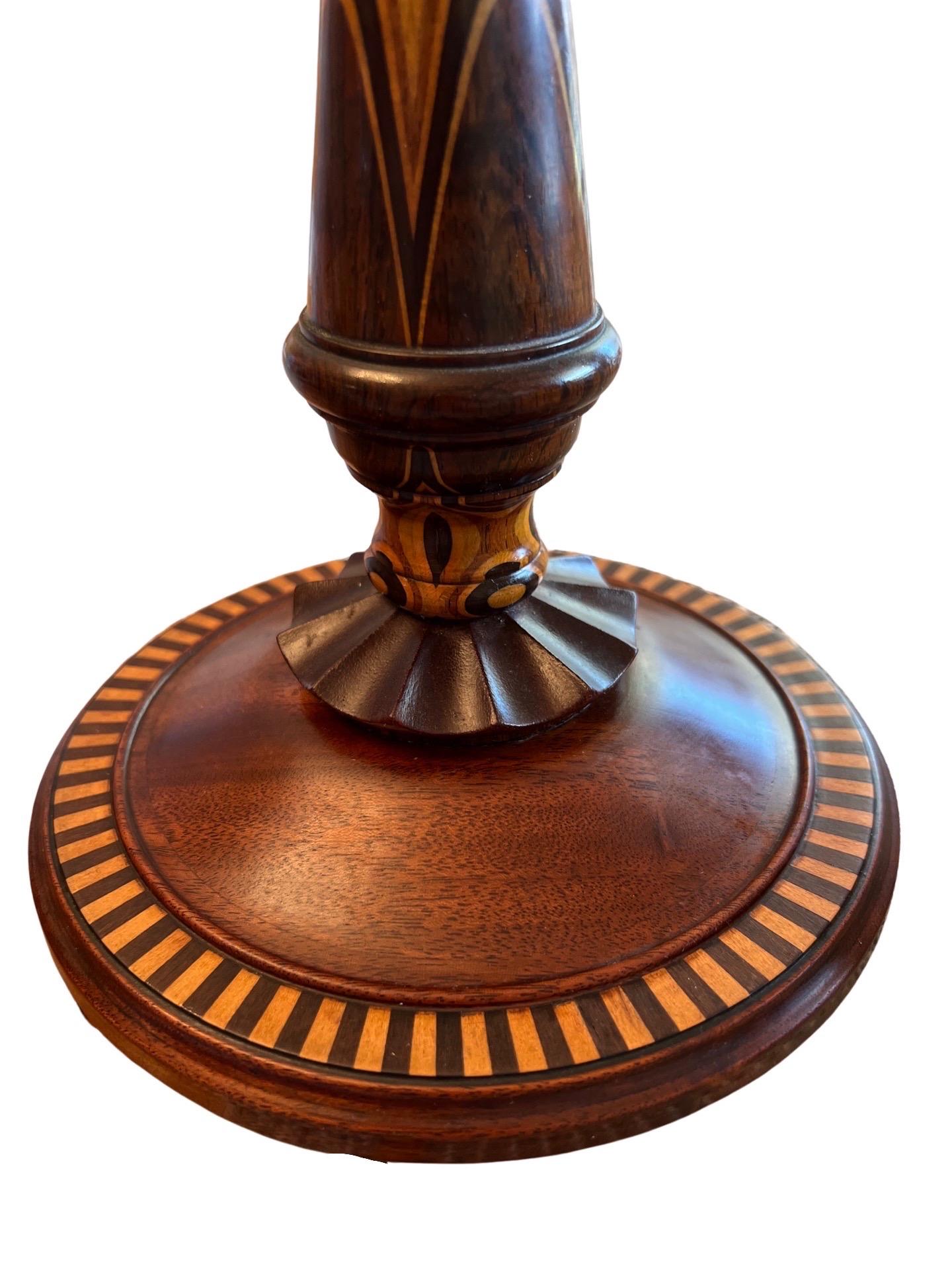 Fine American Turned Walnut & Mixed Marquetry Wood Candlesticks, circa 1925 For Sale 8