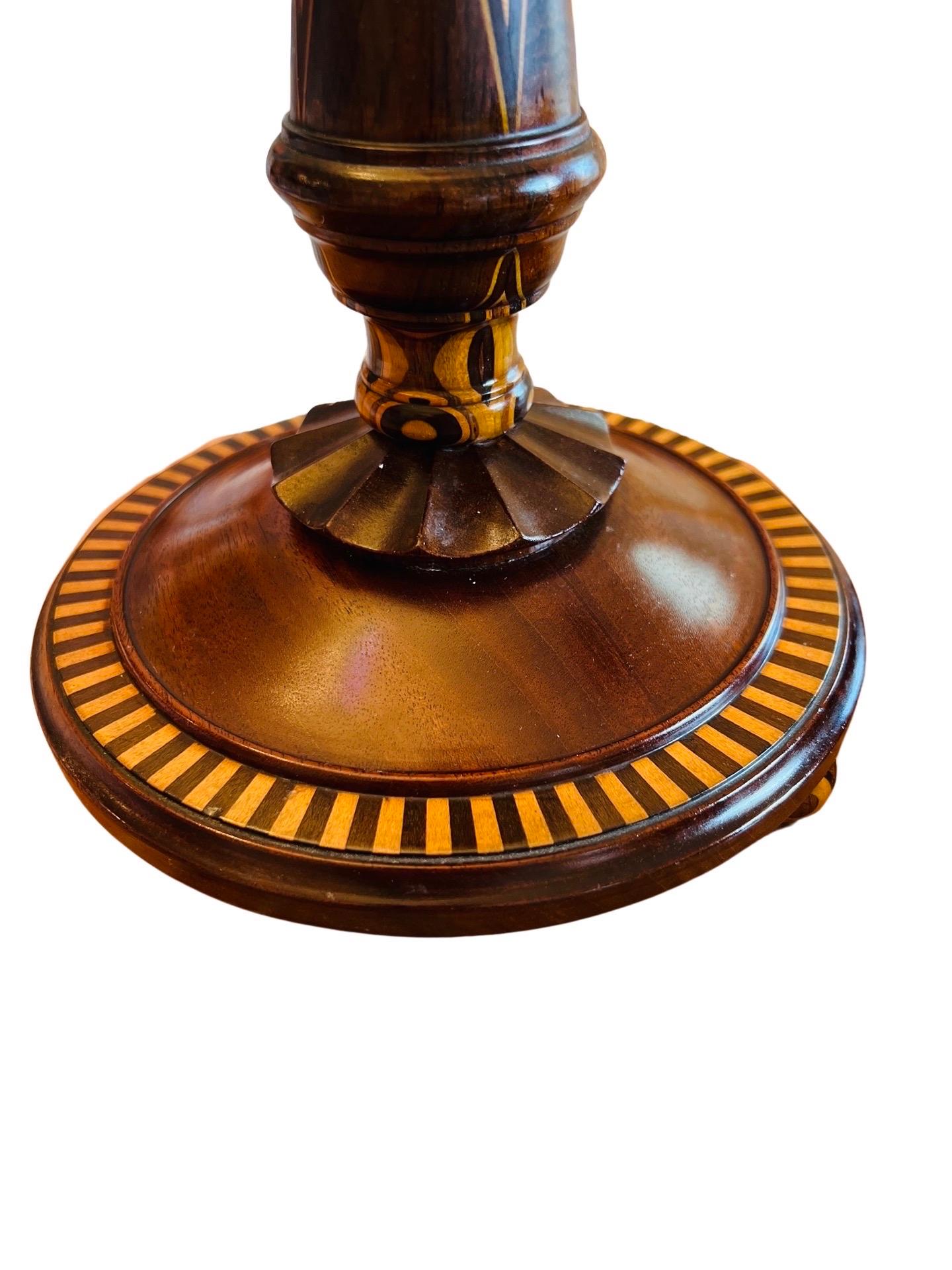 Arts and Crafts Fine American Turned Walnut & Mixed Marquetry Wood Candlesticks, circa 1925 For Sale