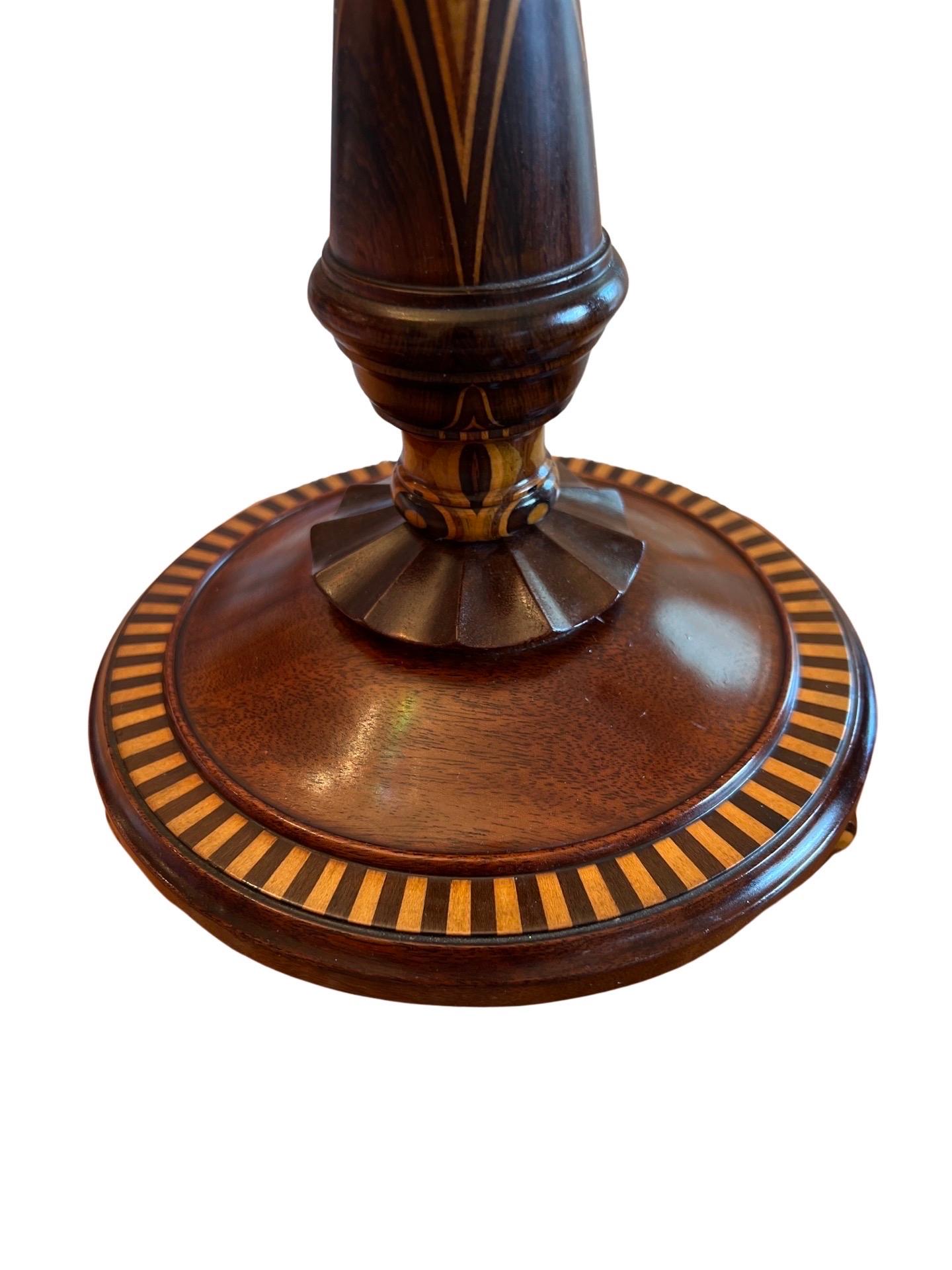 Hand-Crafted Fine American Turned Walnut & Mixed Marquetry Wood Candlesticks, circa 1925 For Sale
