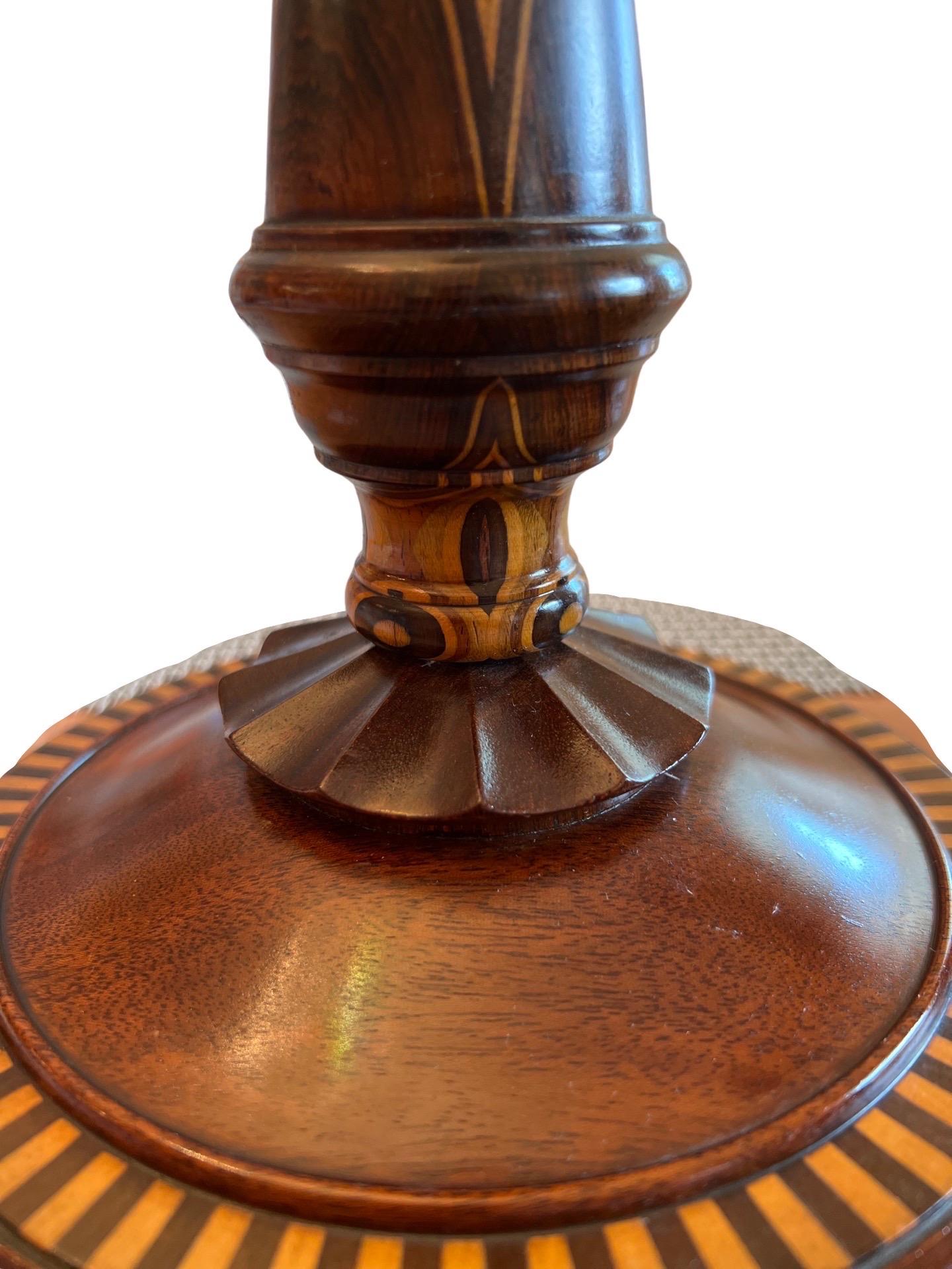 Fine American Turned Walnut & Mixed Marquetry Wood Candlesticks, circa 1925 In Good Condition For Sale In Atlanta, GA