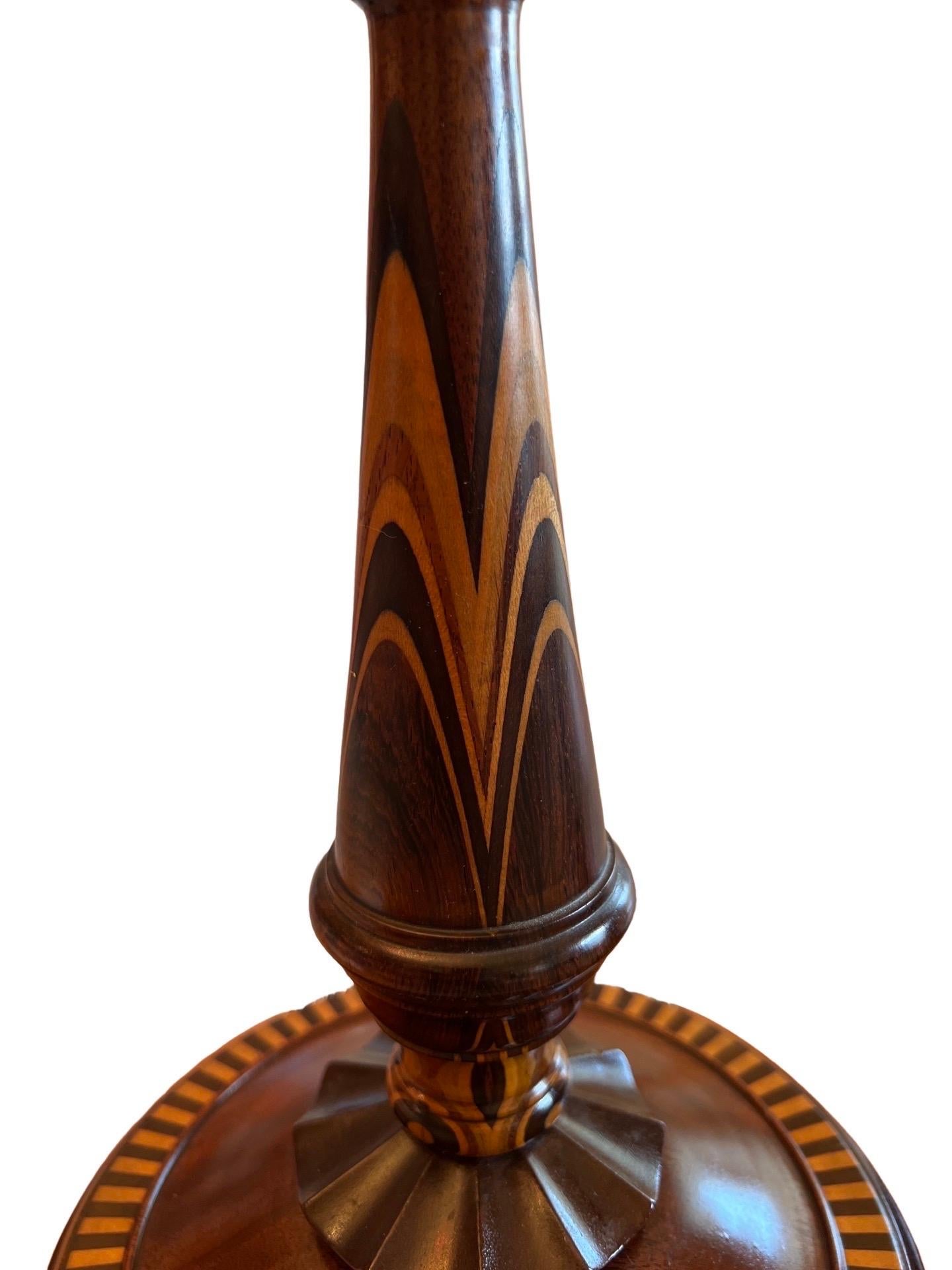 20th Century Fine American Turned Walnut & Mixed Marquetry Wood Candlesticks, circa 1925 For Sale