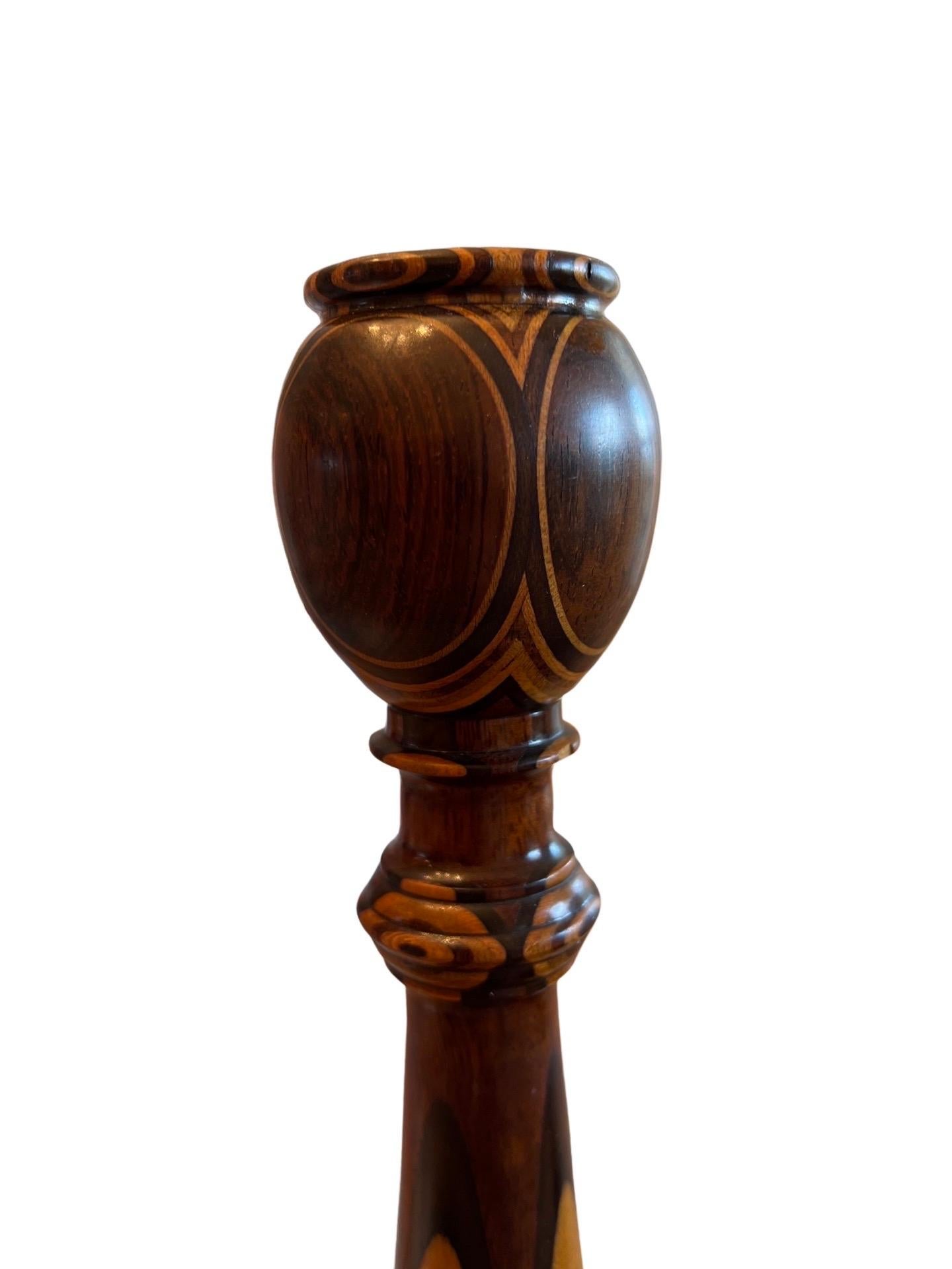Mahogany Fine American Turned Walnut & Mixed Marquetry Wood Candlesticks, circa 1925 For Sale