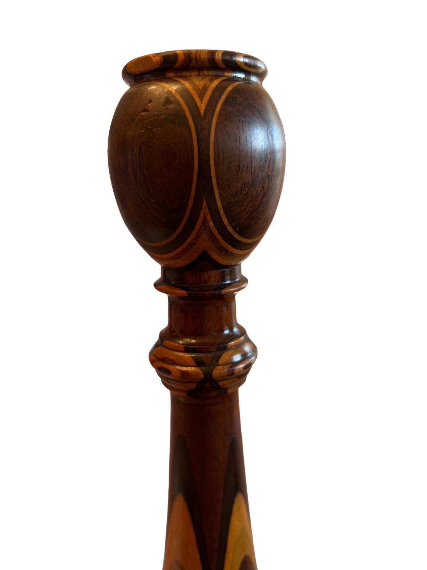 Fine American Turned Walnut & Mixed Marquetry Wood Candlesticks, circa 1925 For Sale 1