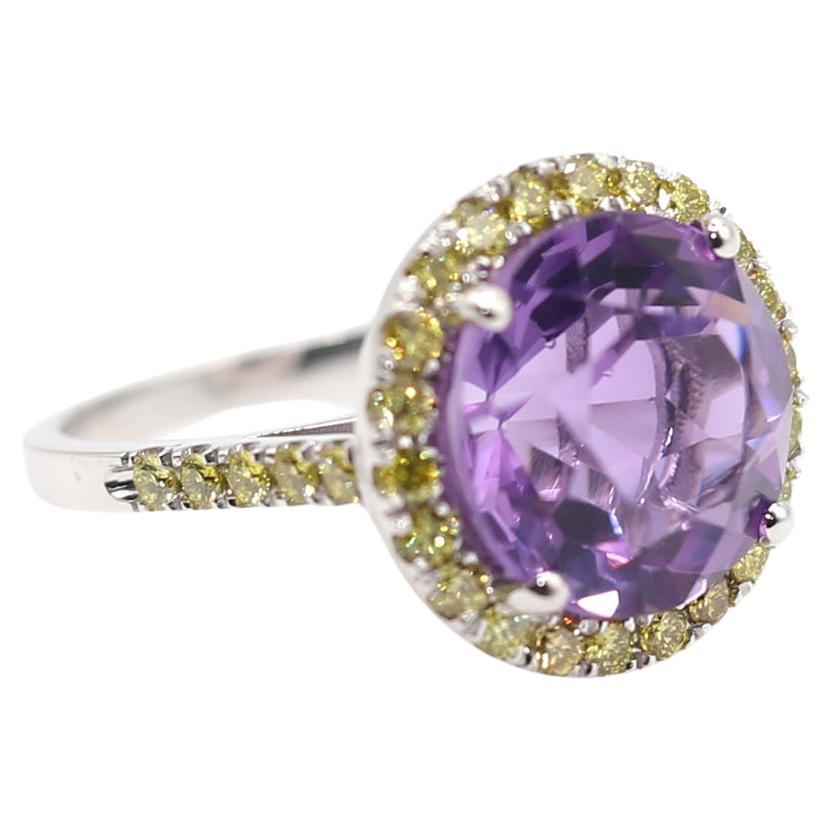 Fine Amethyst and Fancy Yellow Diamond Ring in 18K White Gold, 2000 For Sale