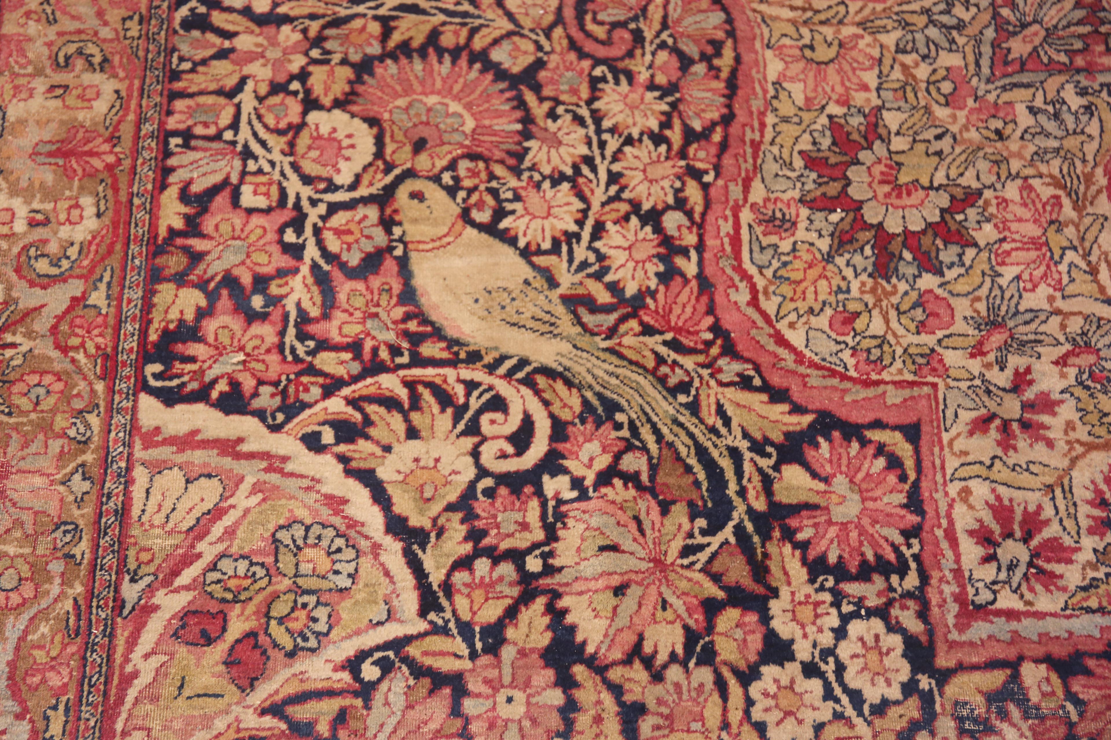 Kirman Fine And Beautiful Floral Animal Design Antique Persian Kerman Rug 14'3