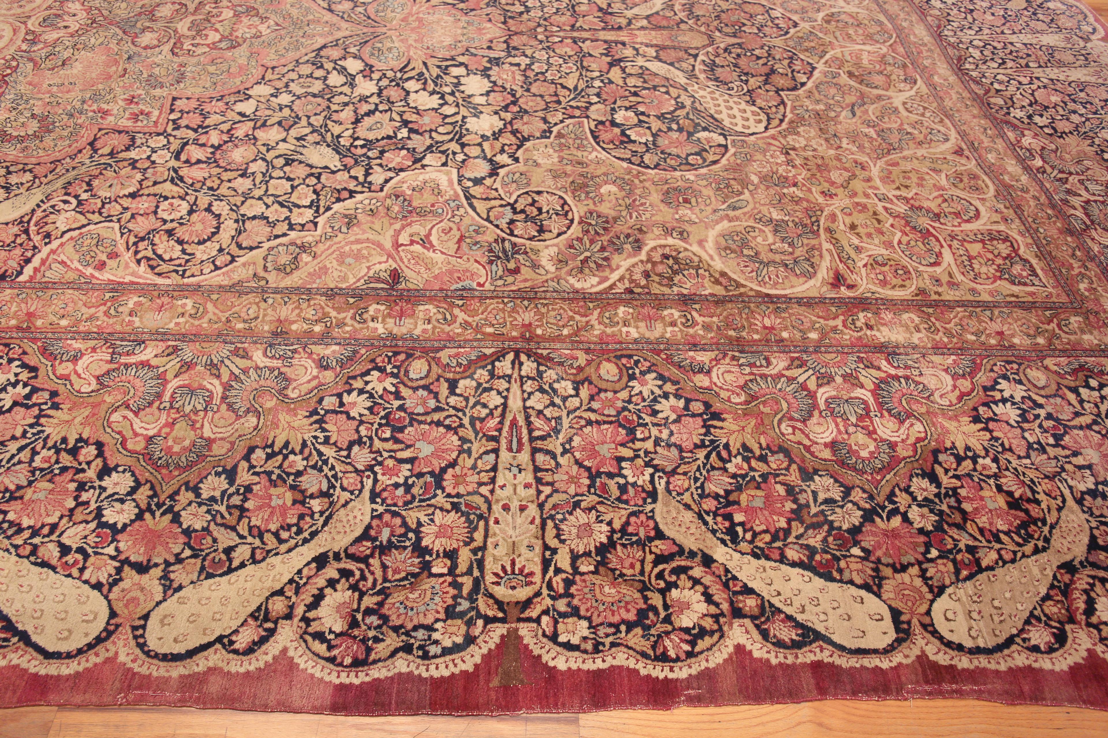 Hand-Knotted Fine And Beautiful Floral Animal Design Antique Persian Kerman Rug 14'3