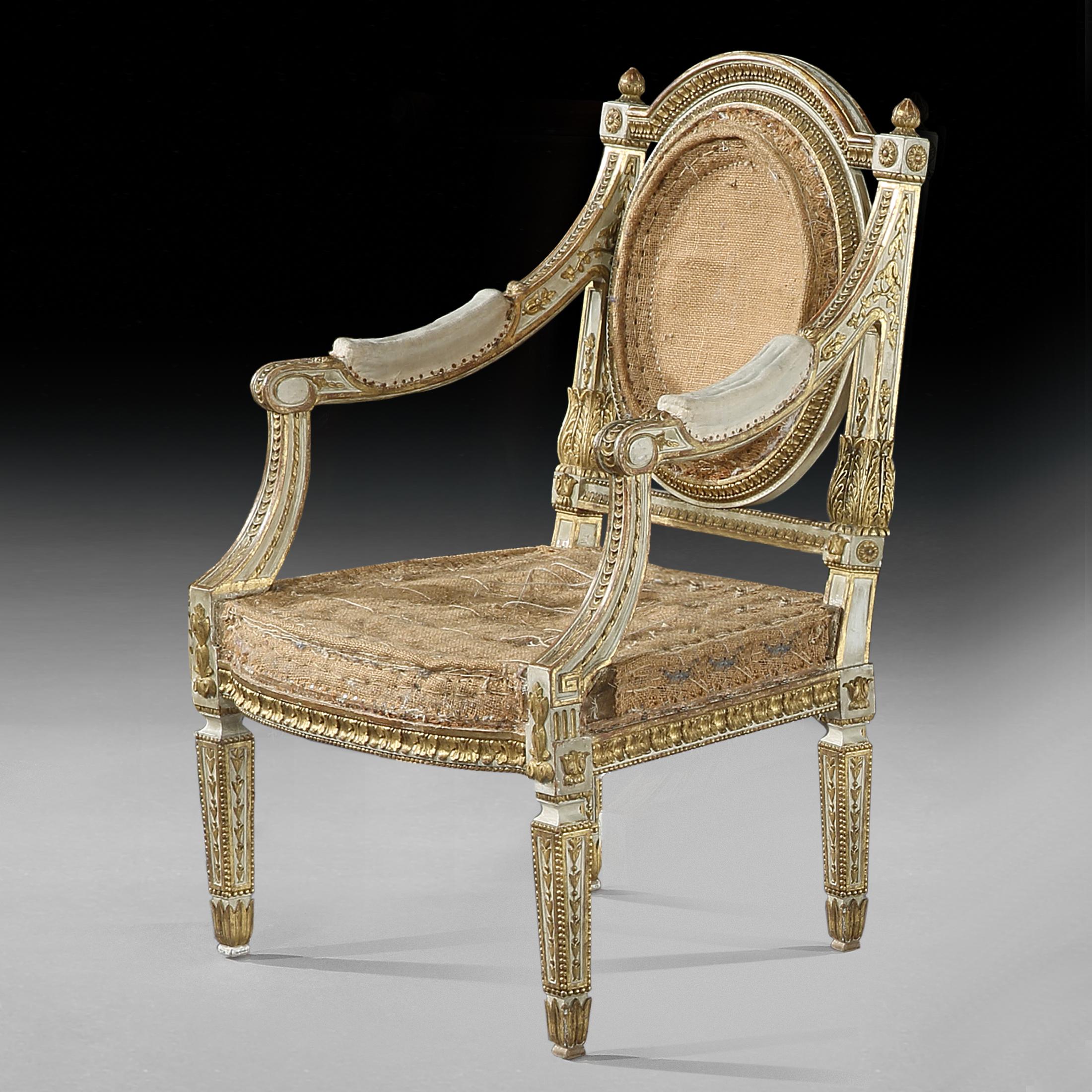 19th Century Fine and Decorative Pair of Italian Painted and Parcel Gilt Armchairs of