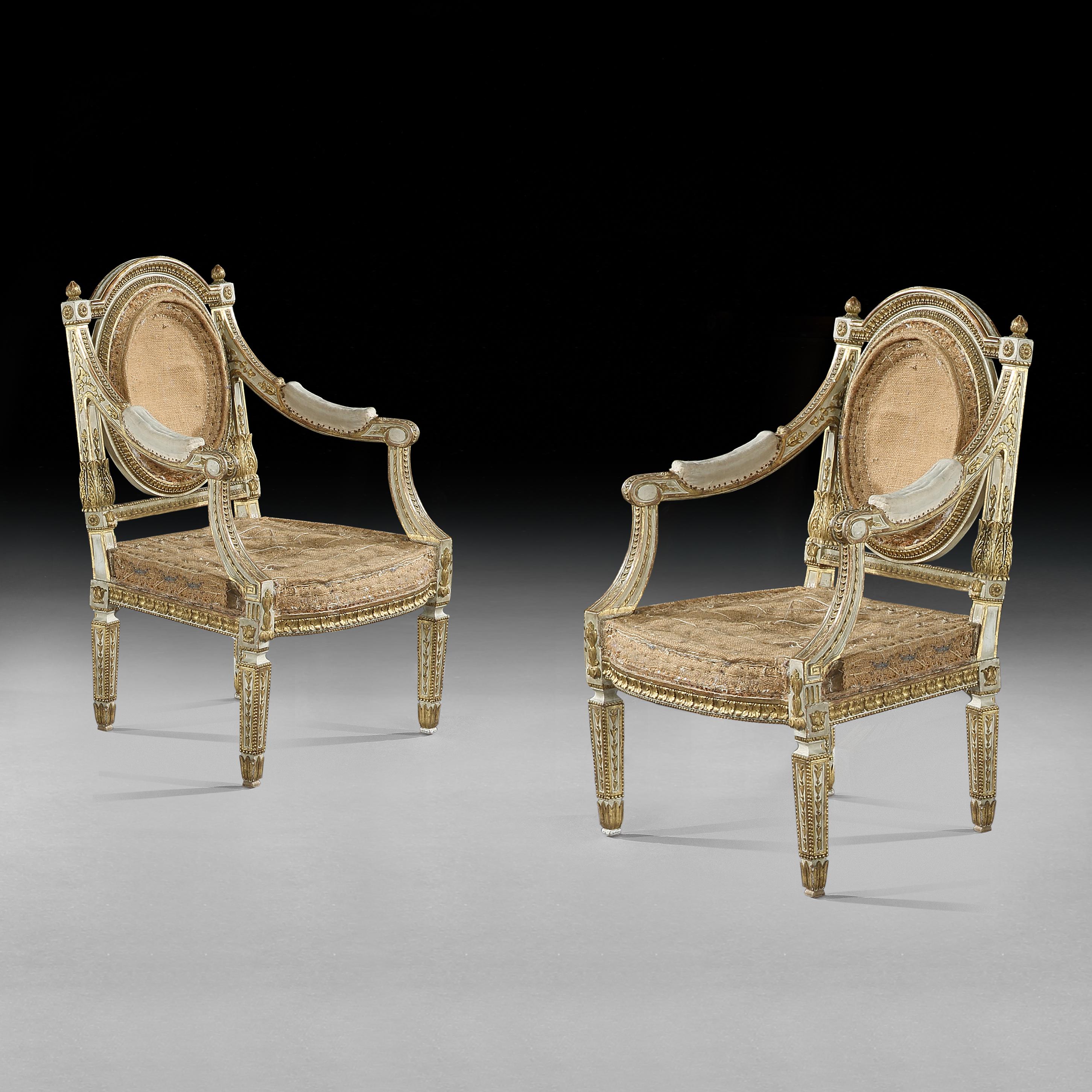 Giltwood Fine and Decorative Pair of Italian Painted and Parcel Gilt Armchairs of