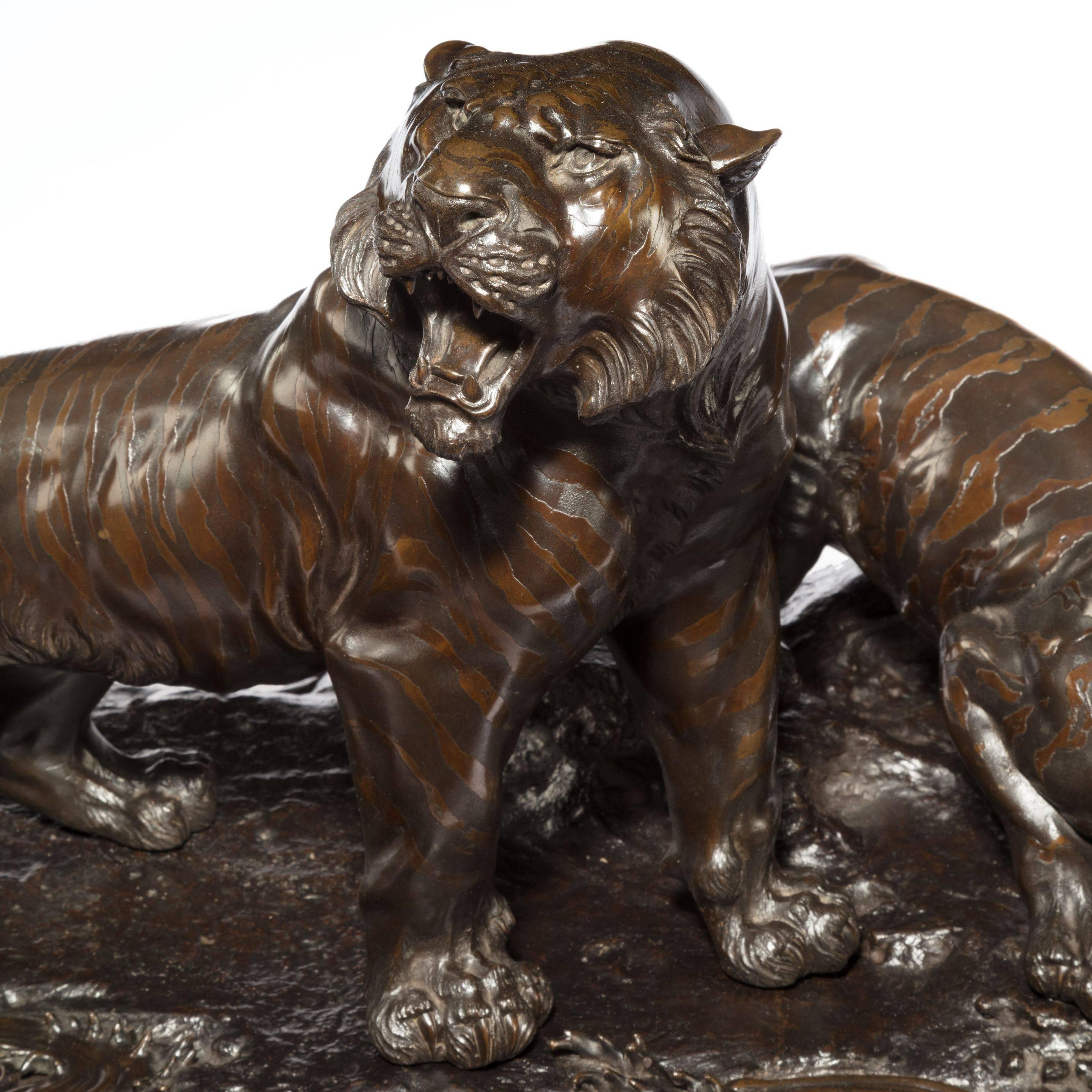 Japanese Fine and Large Meiji Period Bronze of Two Tigers by Genryusai Seiya