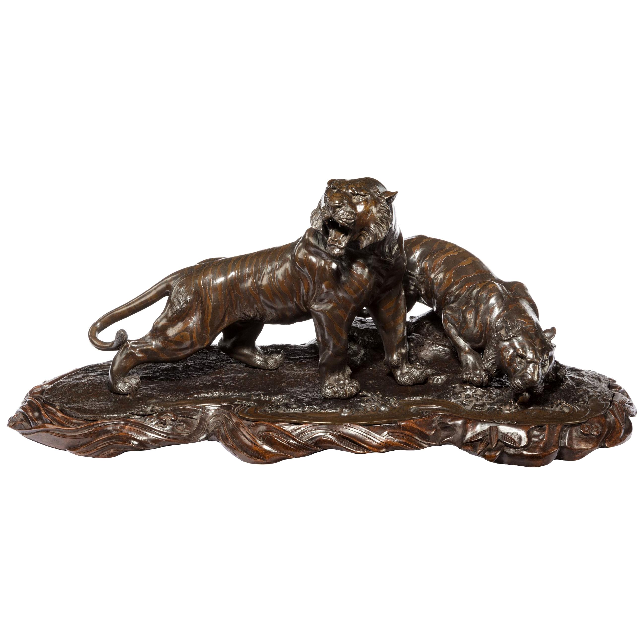 Fine and Large Meiji Period Bronze of Two Tigers by Genryusai Seiya