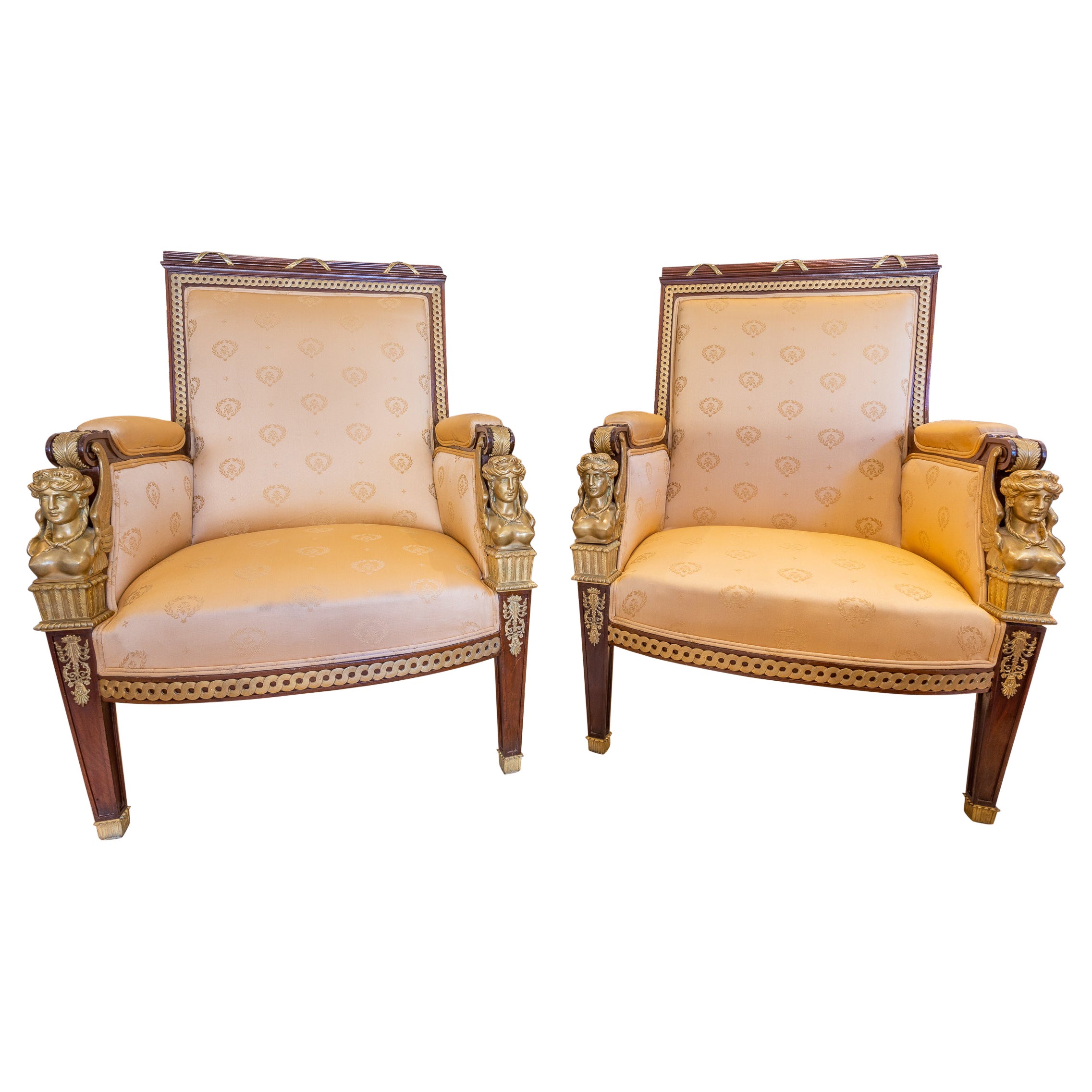 Fine and Large Pair of 19th C. Empire Mahogany and Gilt Bronze Mounted Bergeres