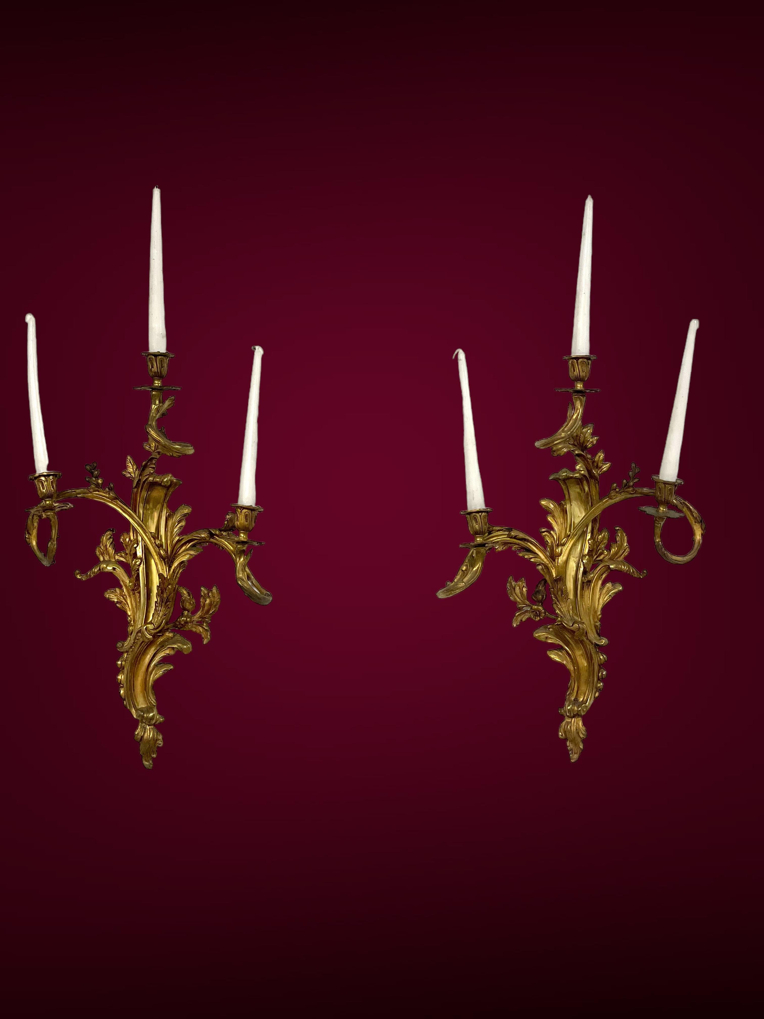 19th Century Pair of Large Louis XV Gilt Bronze Sconces For Sale 10