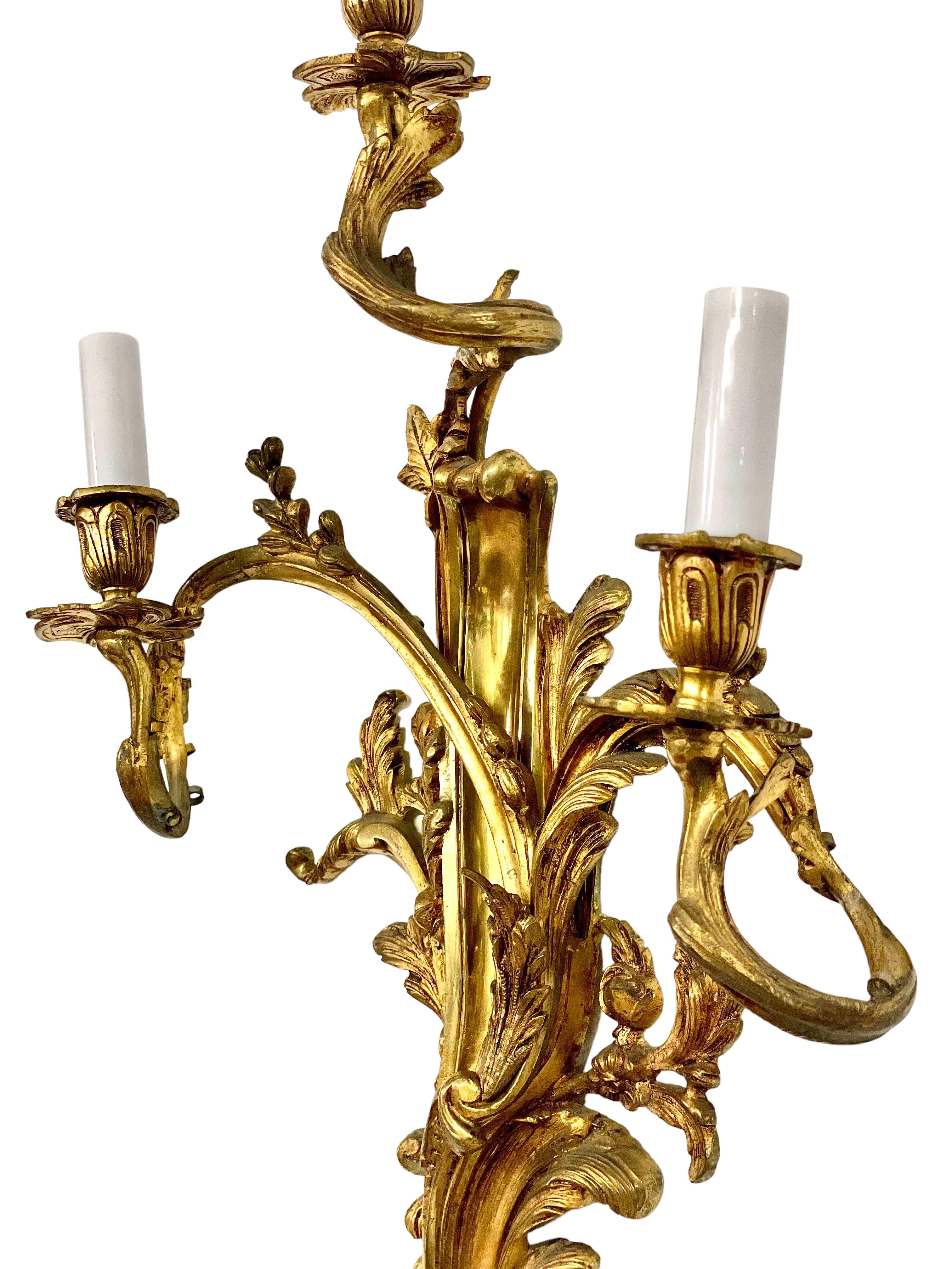 19th Century Pair of Large Louis XV Gilt Bronze Sconces For Sale 1