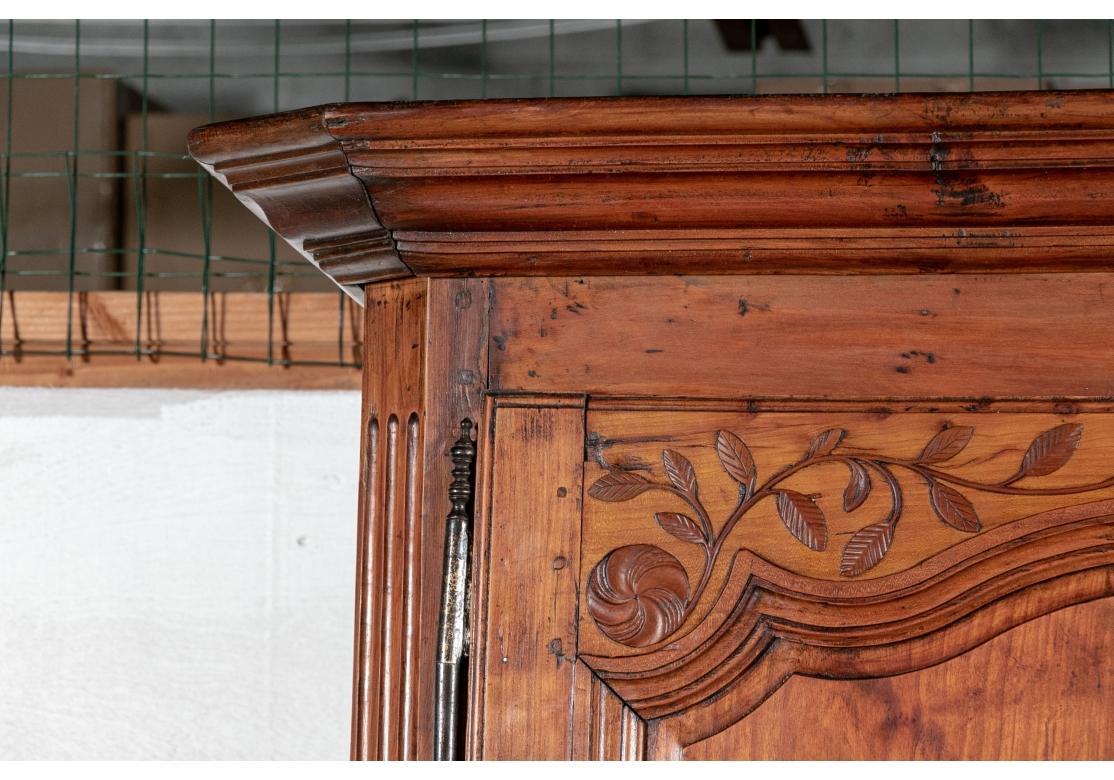 A particularly fine Antique French Provincial Armoire with delicate traditional decorative motifs. With a carved cornice and classic shaped and recessed doors on both cases. Canted corners with fluted supports and carved floral vine bands in relief.