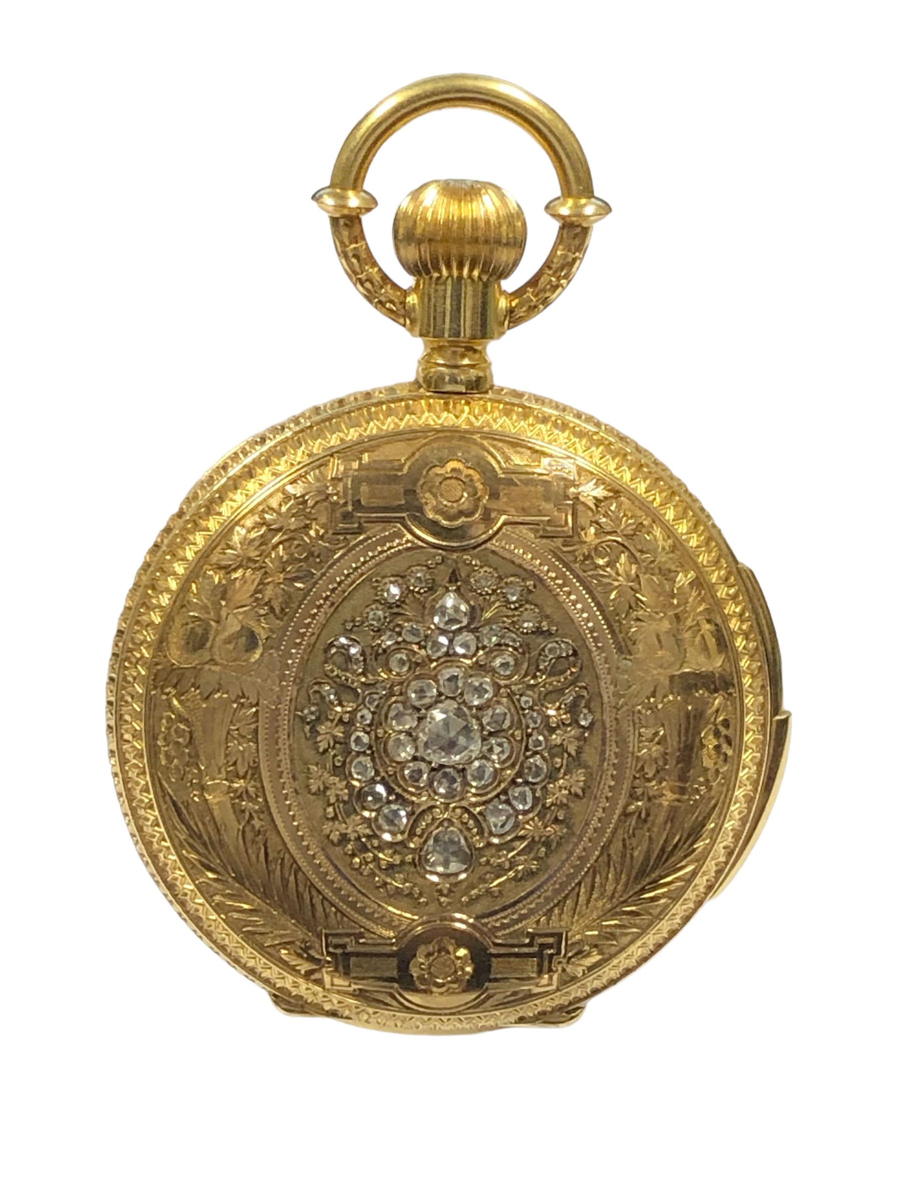 Reloj de bolsillo de repetición de minutos de 18 quilates, fino y en perfecto estado, engastado con oro y diamantes Corte rosa