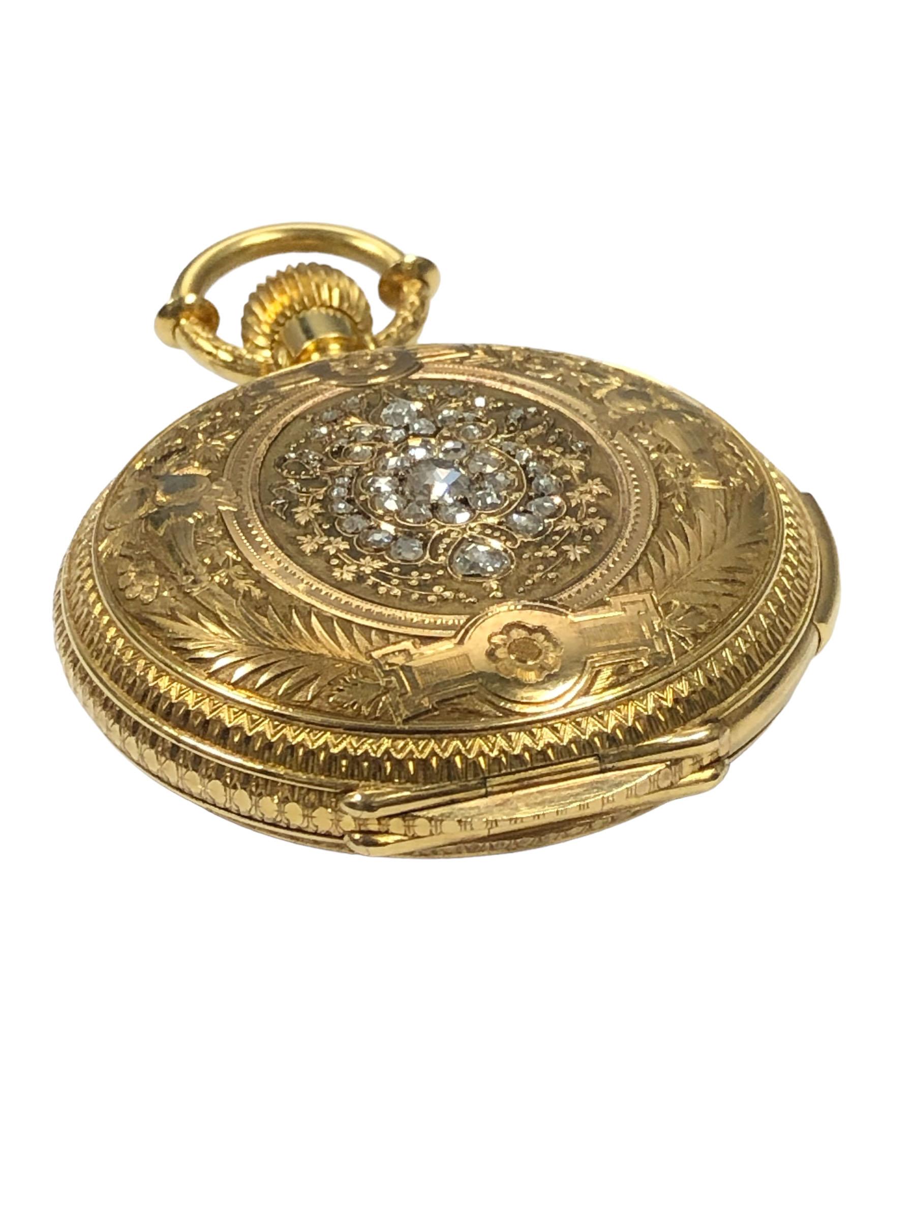 Reloj de bolsillo de repetición de minutos de 18 quilates, fino y en perfecto estado, engastado con oro y diamantes en Excelente Estado en Chicago, IL