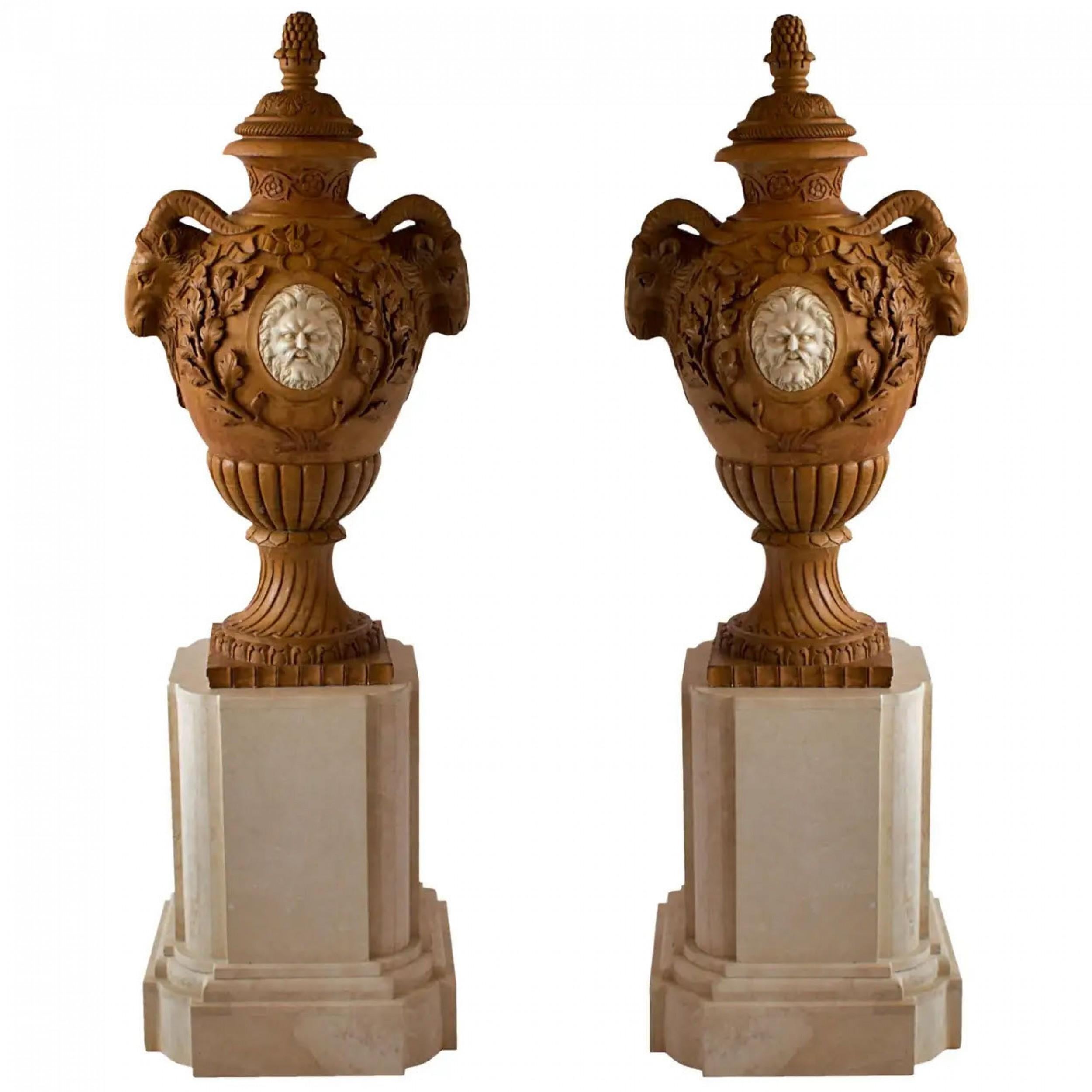 Fine and Monumental Pair of Italian Neoclassical Siena Marble Urns on Pedestal