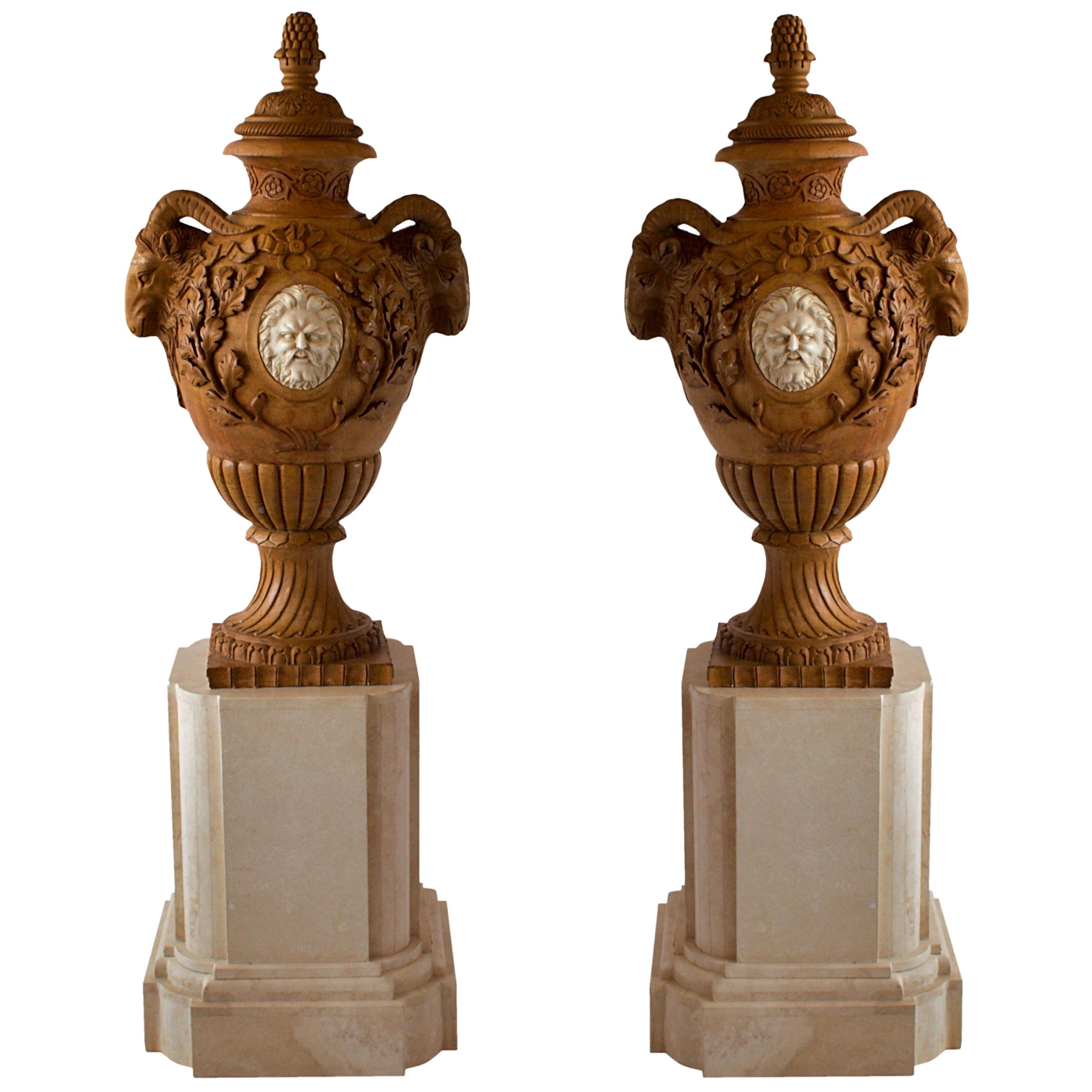 Fine and Monumental Pair of Italian Neoclassical Siena Marble Urns on Pedestal For Sale