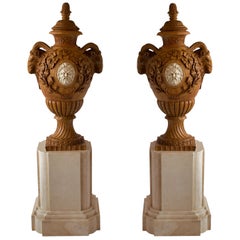Fine and Monumental Pair of Italian Neoclassical Siena Marble Urns on Pedestal