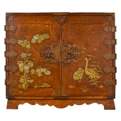 Fine and Rare 17th Century Japanese Mulberry Wood Gilt-Lacquer Cabinet on Stand