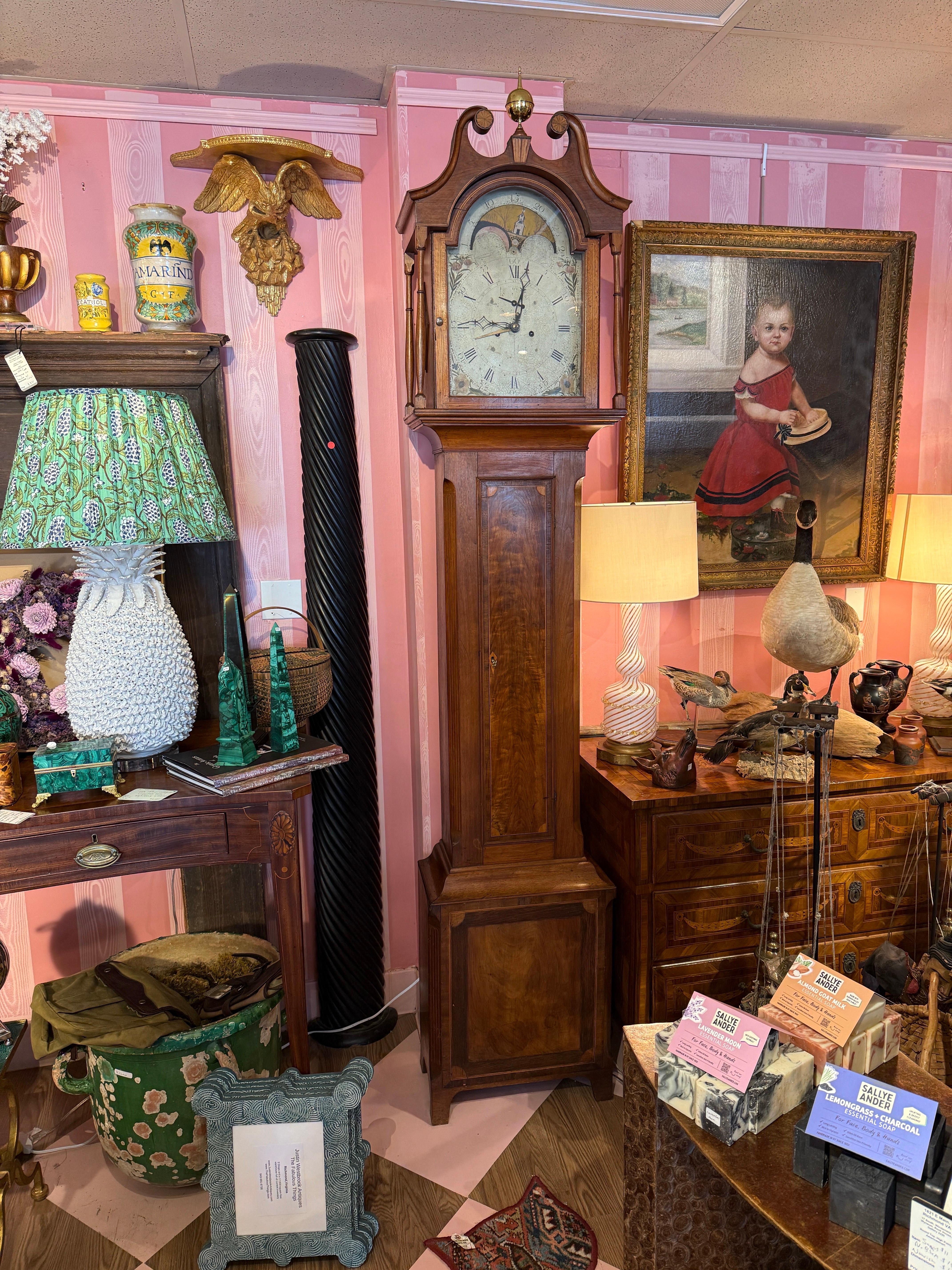 Fine and rare inlaid late 18th century Shenandoah Valley of Virginia walnut tall case clock, likely made by Jacob Fry and dial painted by Caleb Davis of Woodstock, VA. 