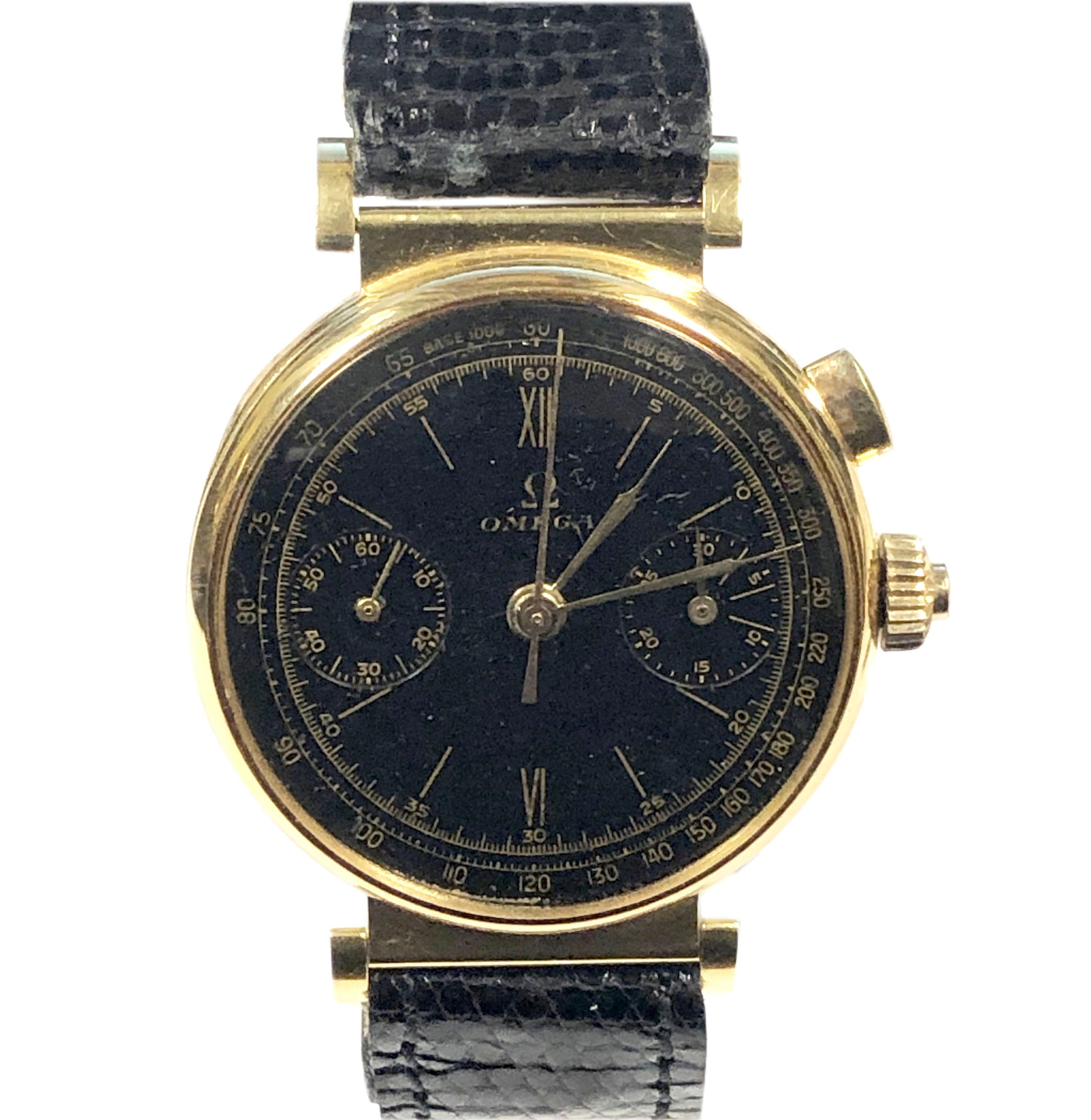 Montre-bracelet chronographe Omega en or rose, fine et rare, des années 1930 en vente 7