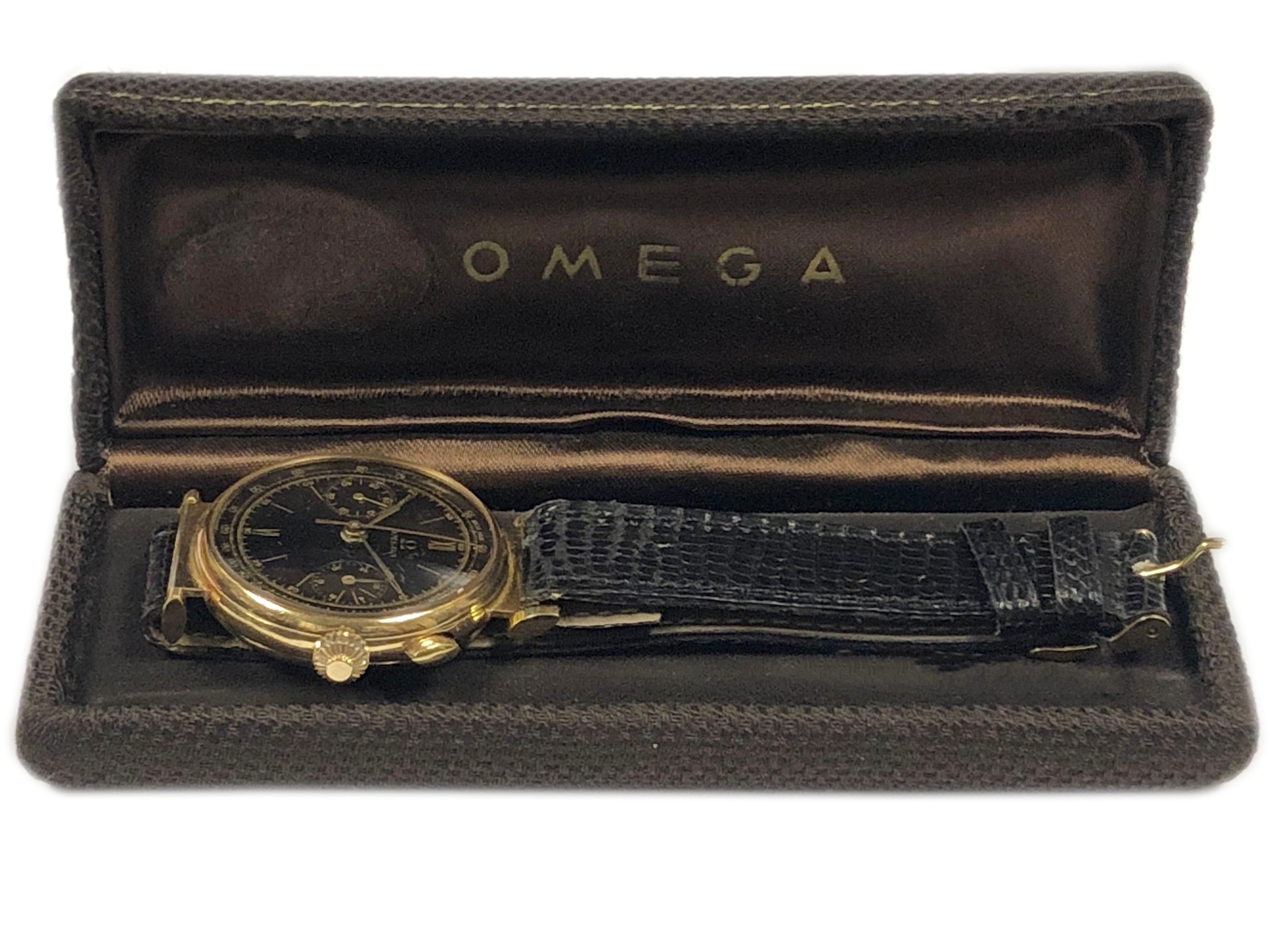 Montre-bracelet chronographe Omega en or rose, fine et rare, des années 1930 en vente 8