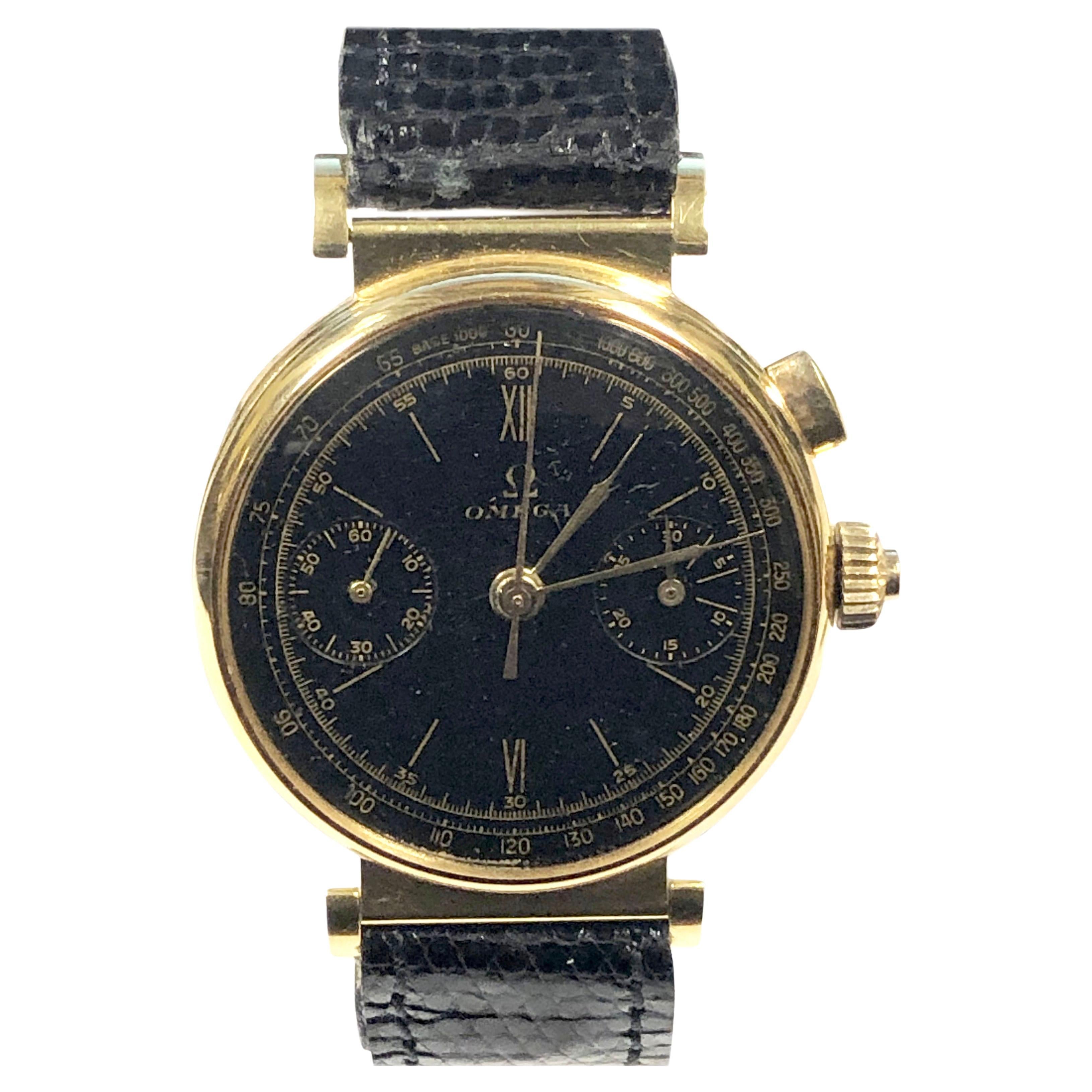 Fine and Rare 1930s Omega Rose Gold Chronograph Wrist Watch For Sale