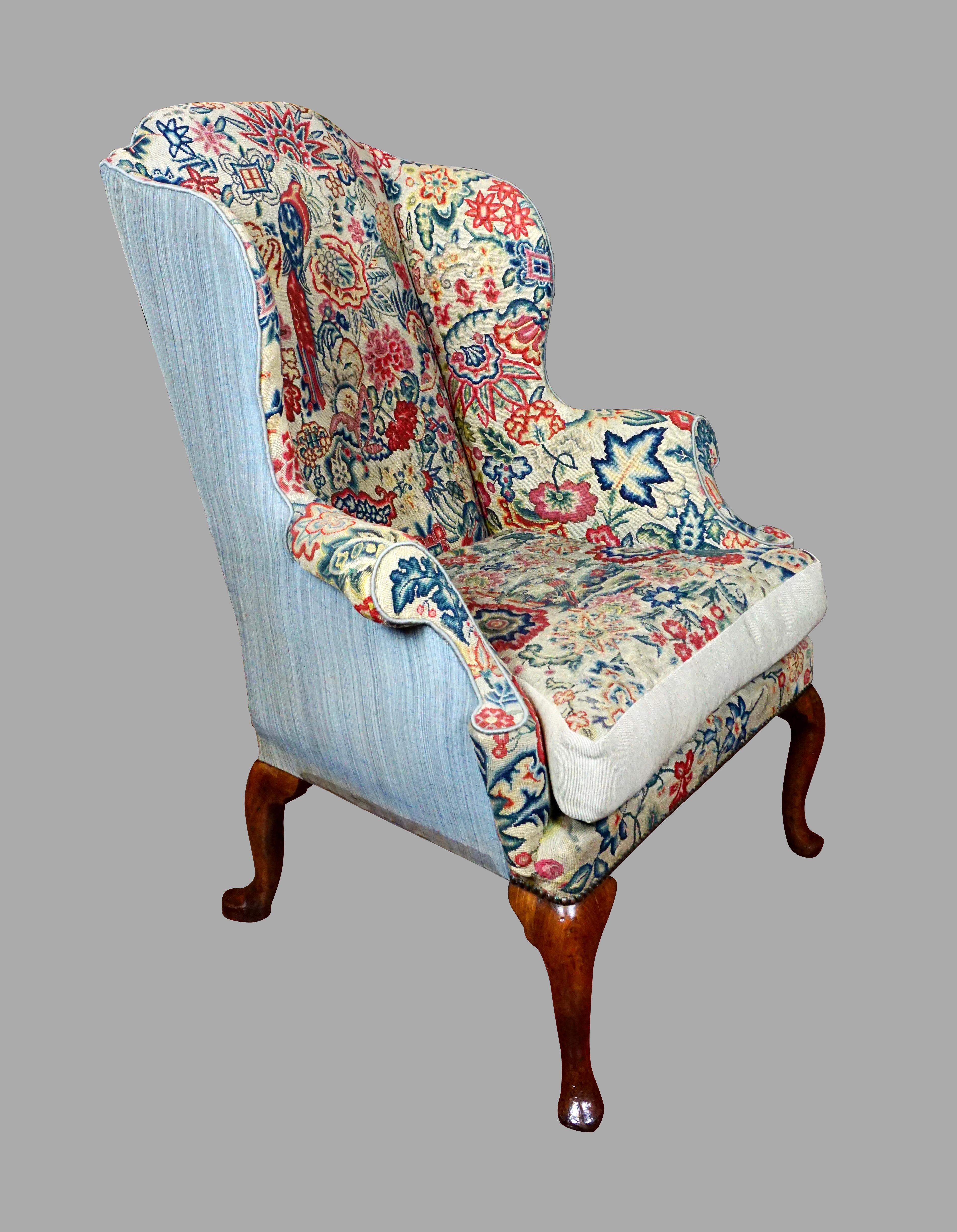 English Fine and Rare George II Period Needlepoint Upholstered Walnut Wing Armchair For Sale