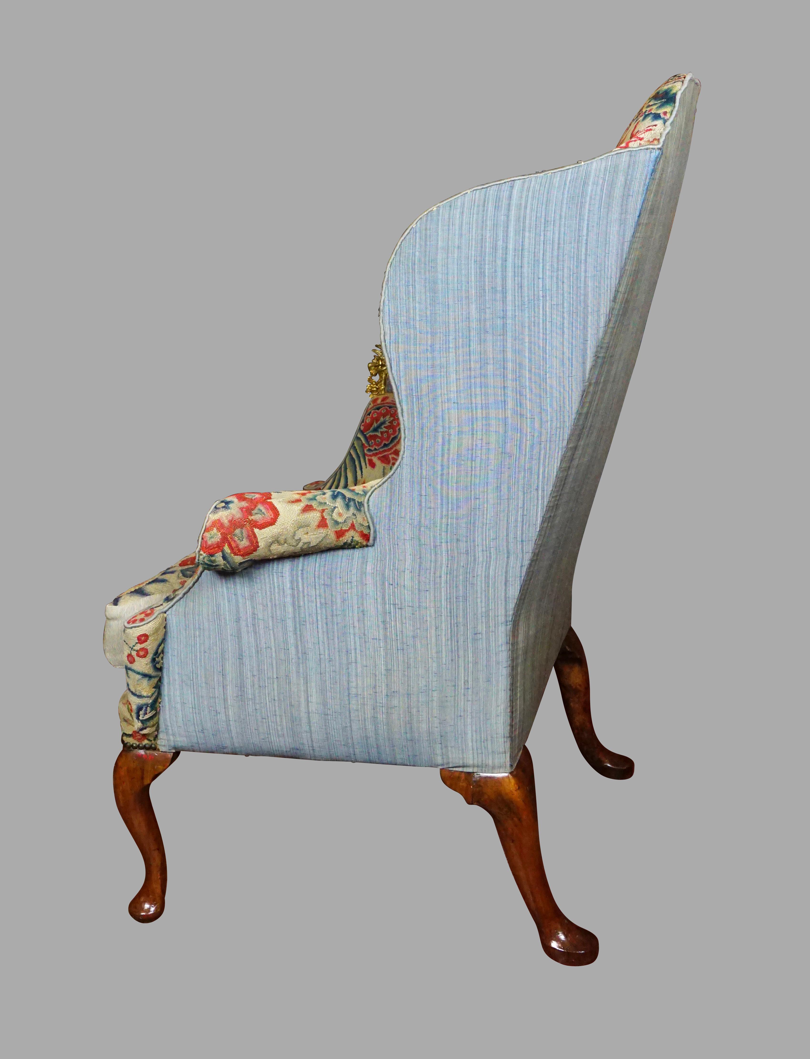 Fine and Rare George II Period Needlepoint Upholstered Walnut Wing Armchair For Sale 1