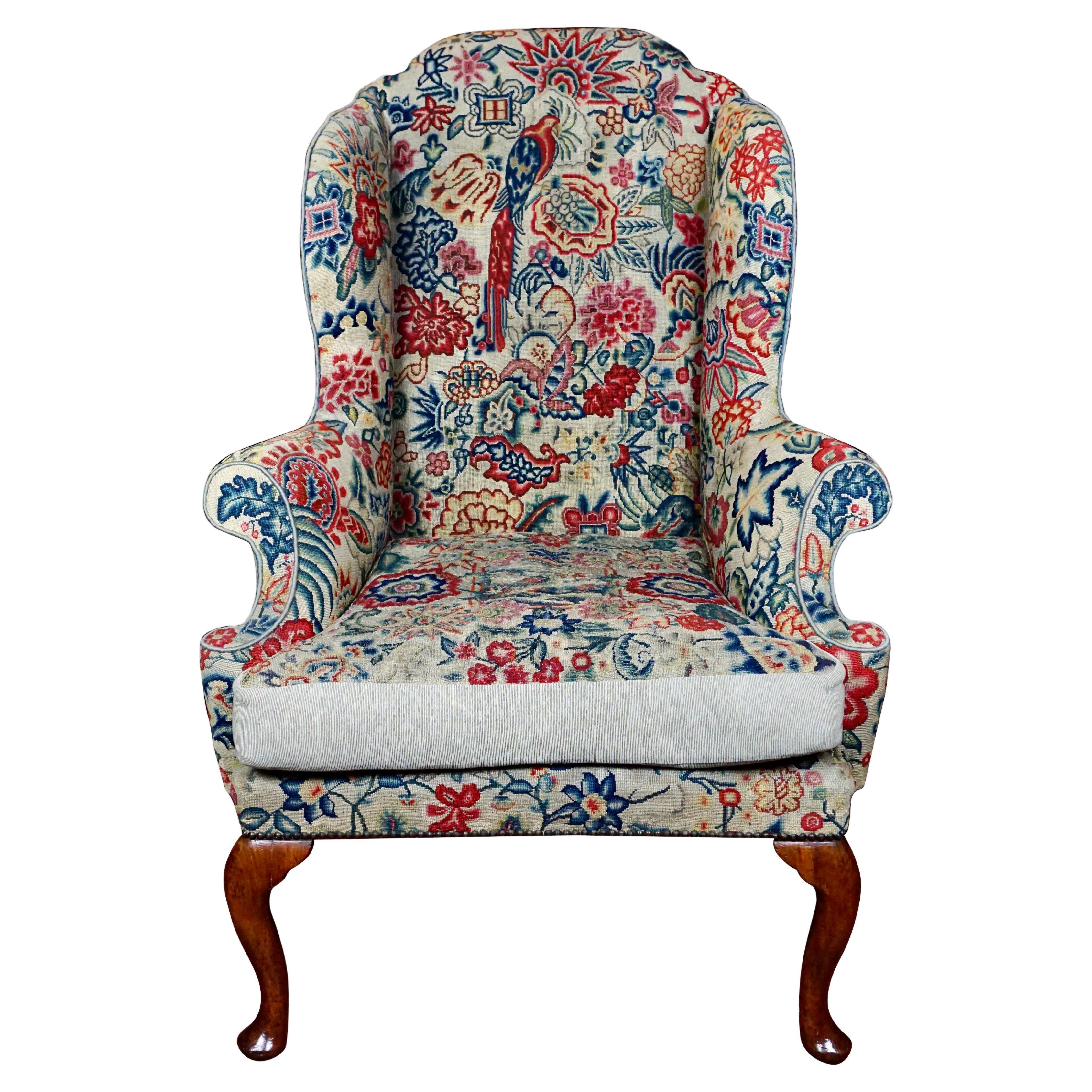 Fine and Rare George II Period Needlepoint Upholstered Walnut Wing Armchair For Sale