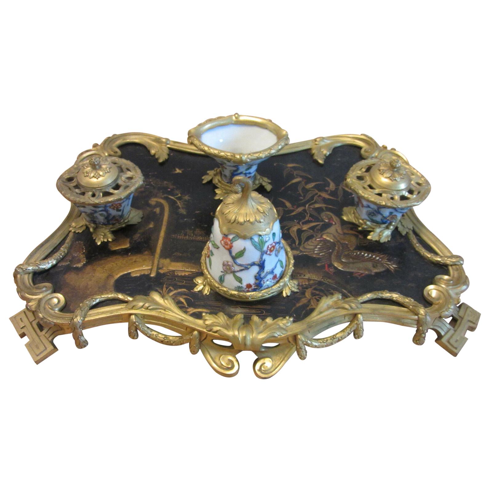 Fine and Rare Large 19th C Chinoiserie Inkwell with Porcelain Bell and Ink Pot For Sale