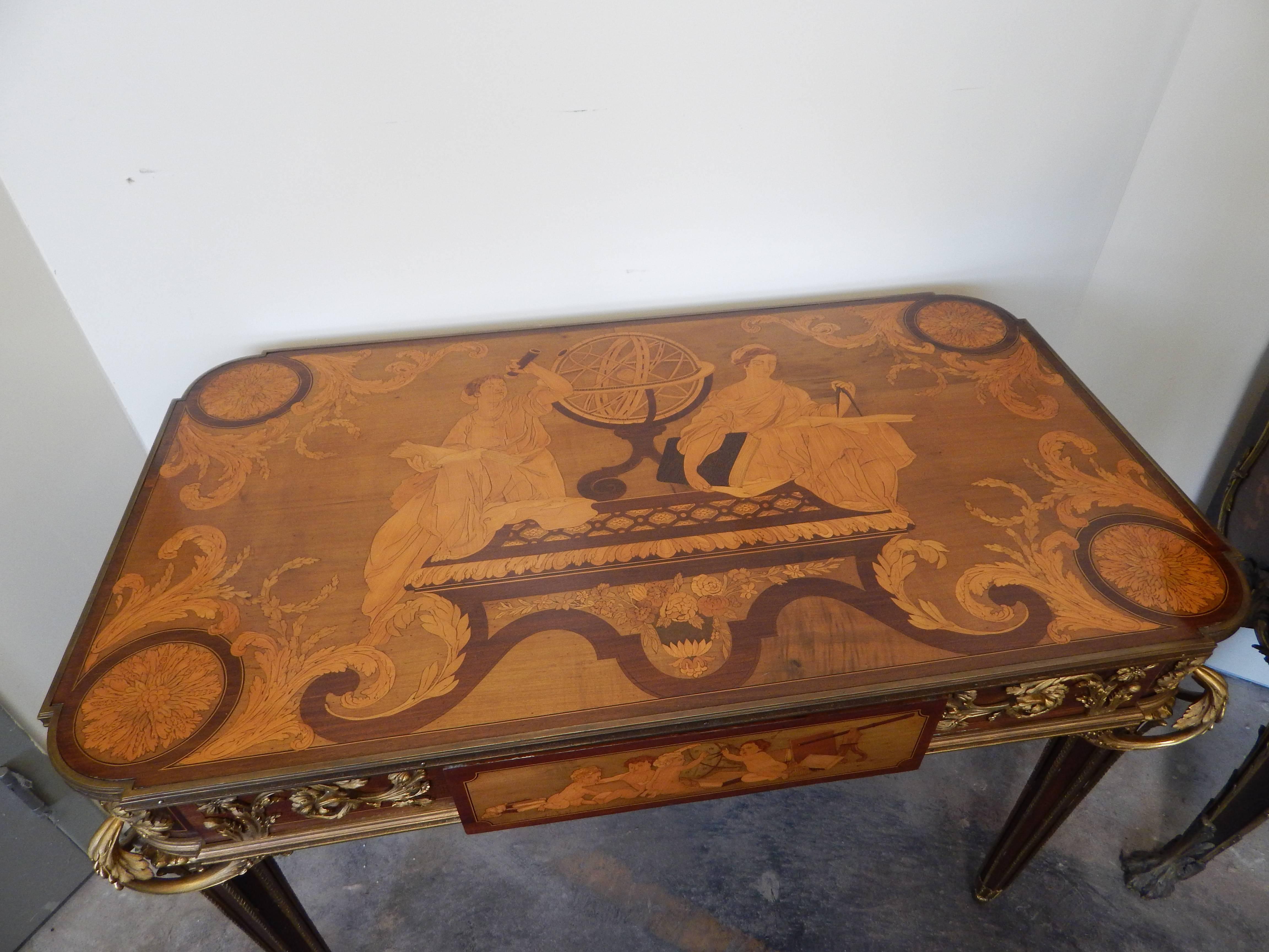 A fine and rare Louis XVI syle table de salon, by Francois Linke. A fine quality table with exquisite bronze mounts along with detailed marquetry inlay, featuring one single push button spring released drawer, signed F. Linke. 
 
 Literature: 
