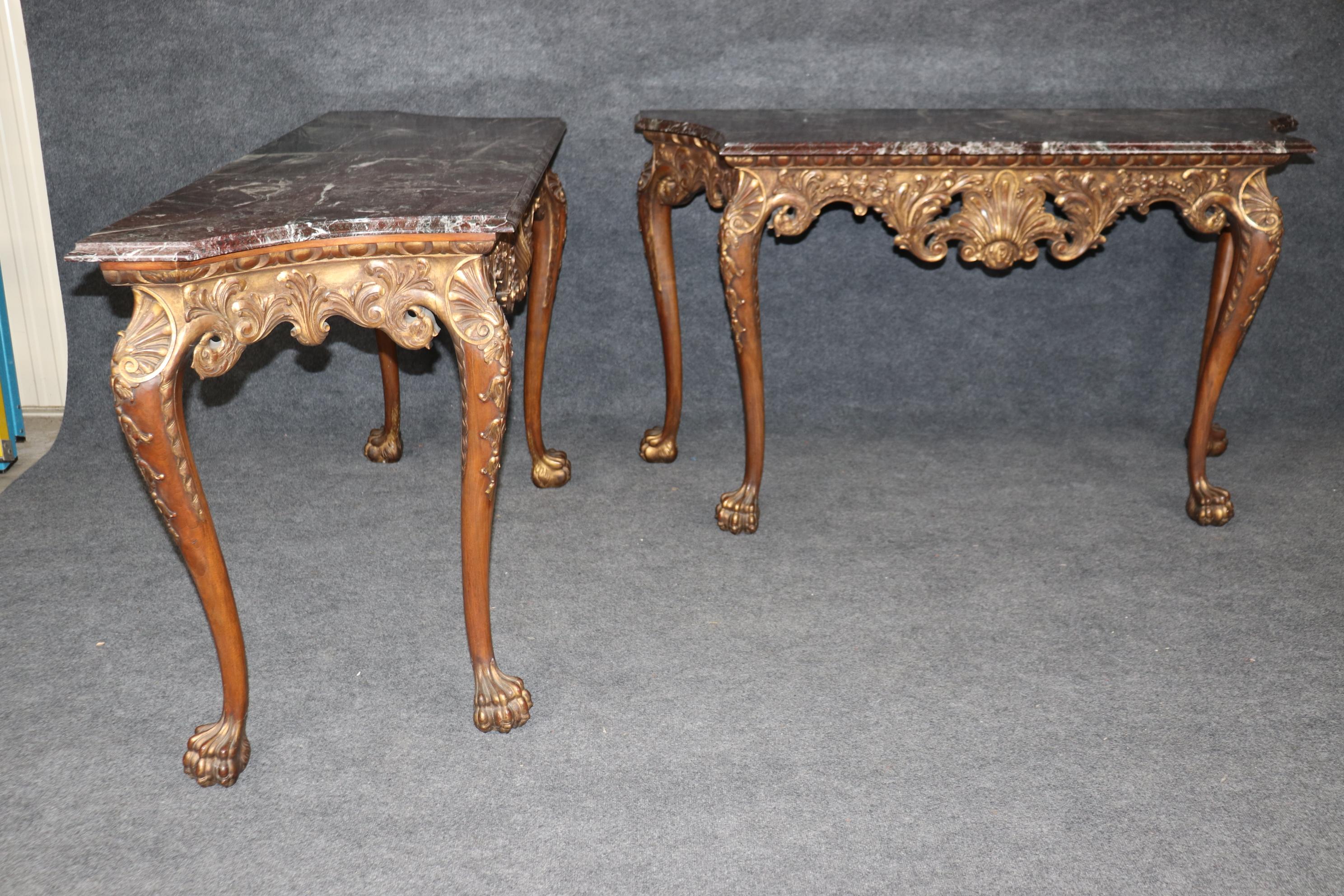 Fine and Rare Pair Carved Walnut English Georgian Giltwood Console Tables For Sale 13